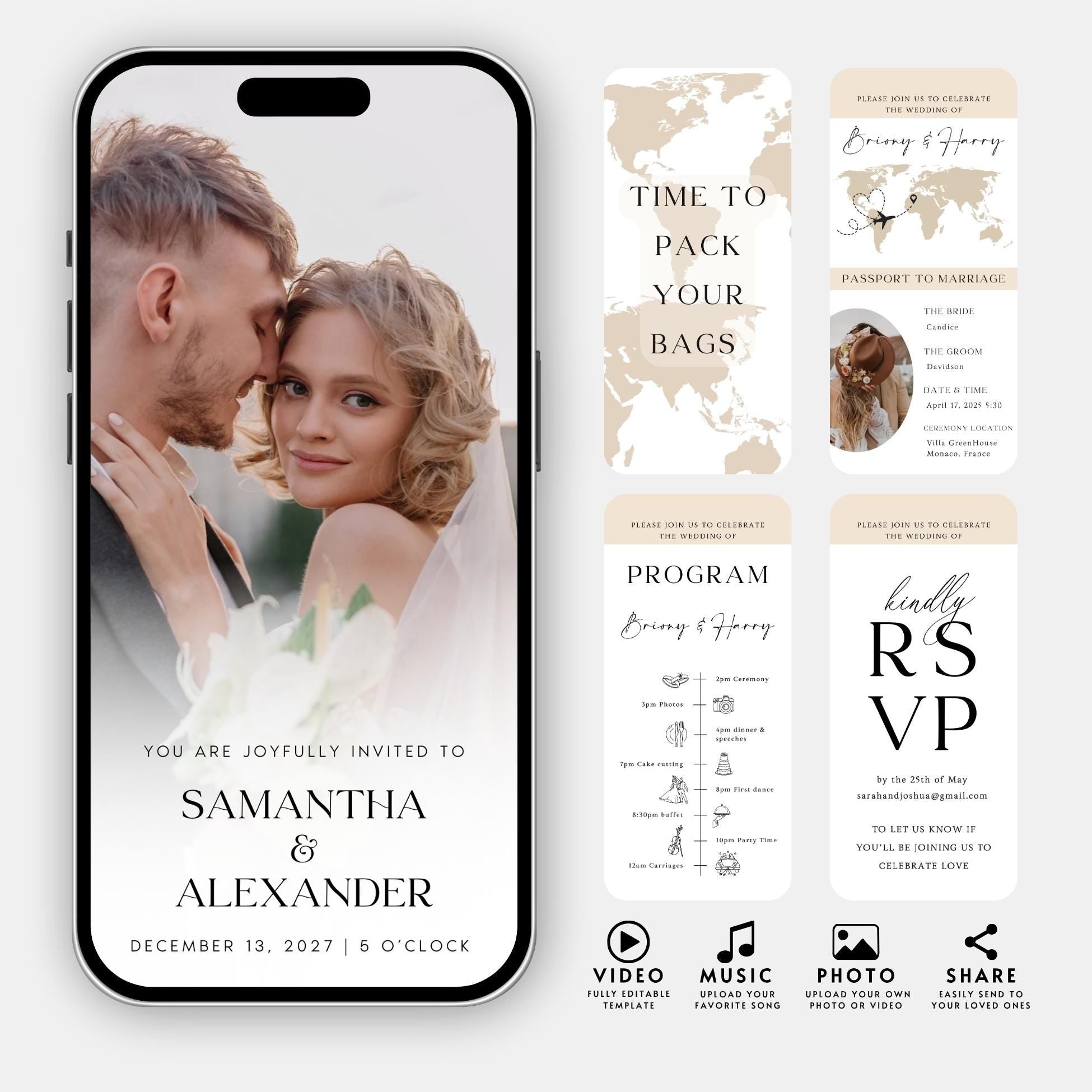 Animated Wedding Video Invitation Template, Canva Editable, Add Photo and Music
