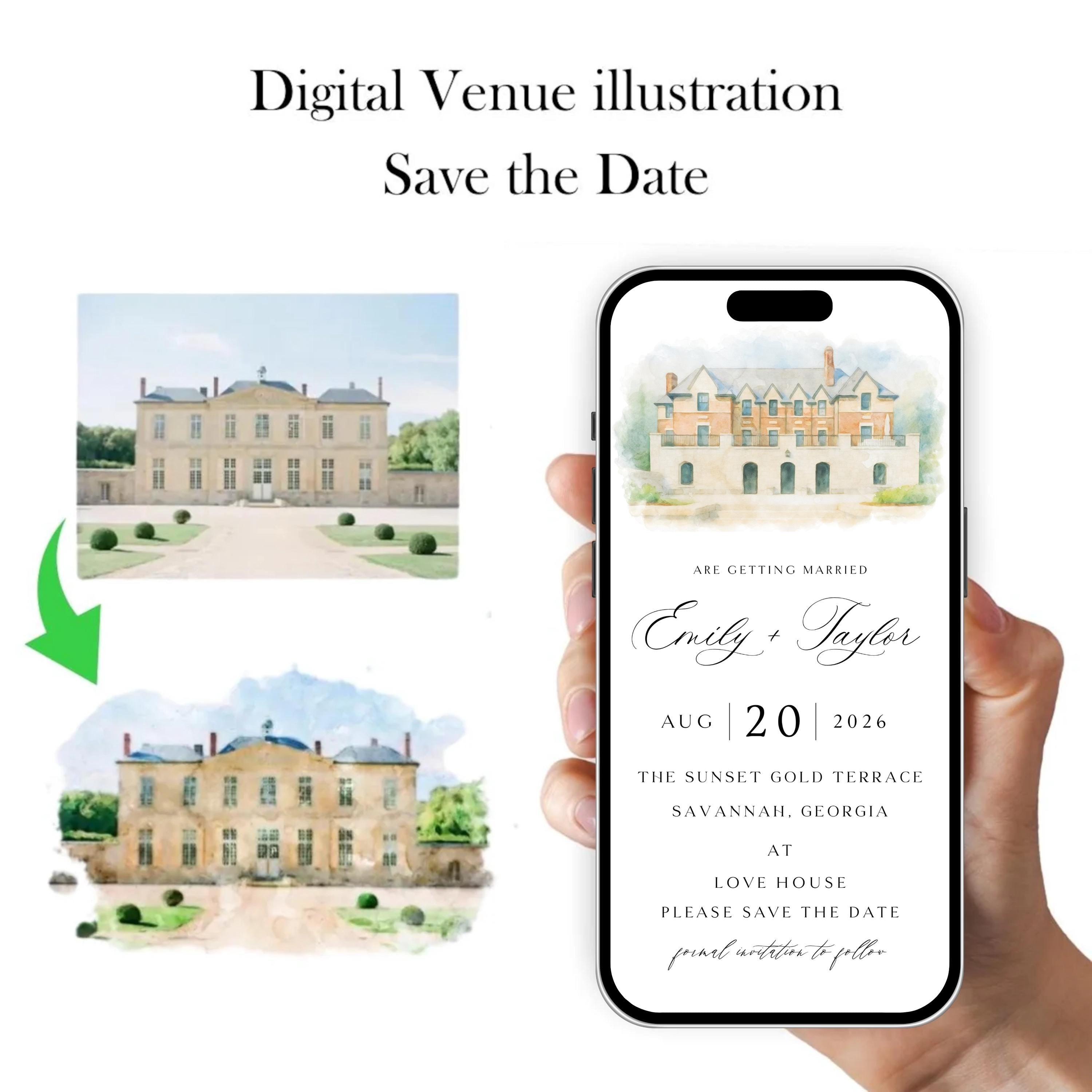 Digital Venue Sketch Save the Date: Watercolor Wedding E-vite (JPEG, PNG, PDF