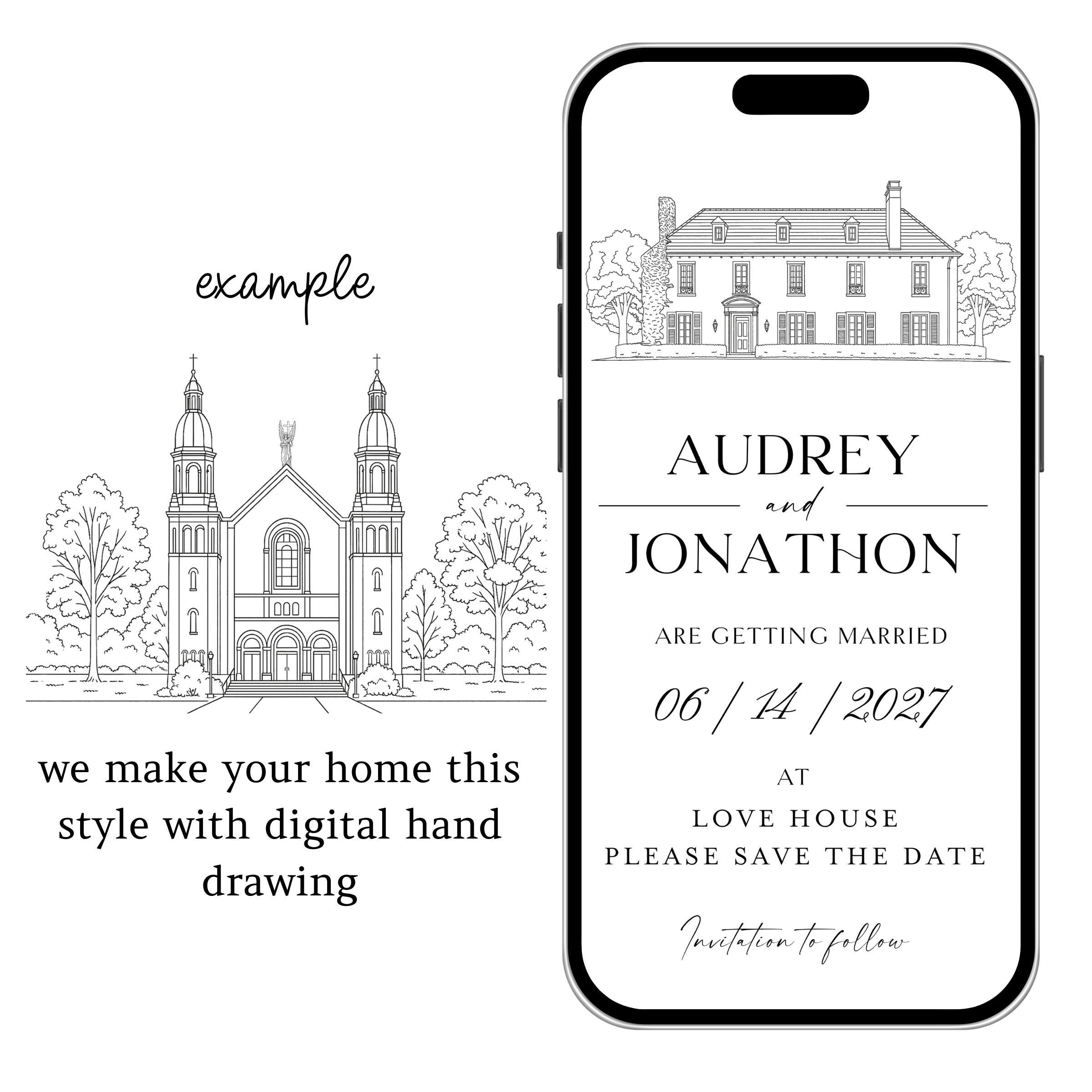 Venue Sketch Save the Date: Digital Wedding Invitation (JPEG, PNG, PDF