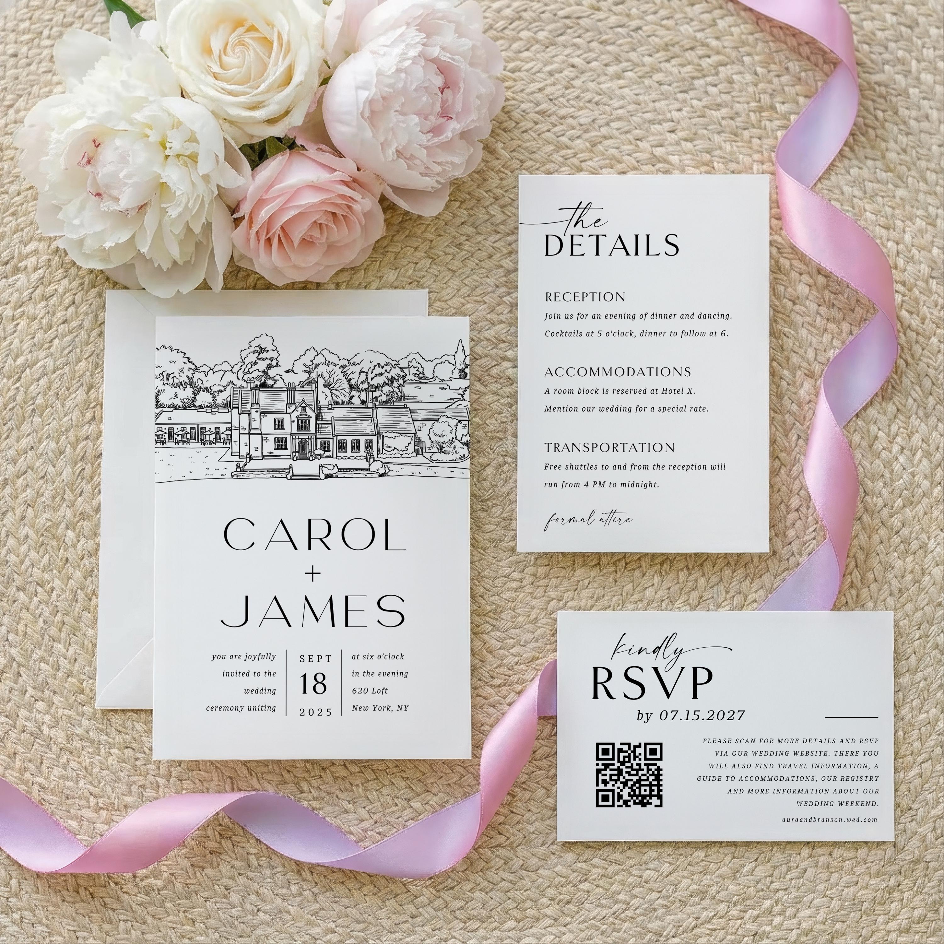 Personalized Wedding Venue Sketch Invitation Suite | Modern Wedding Stationery Bundle | Editable Canva Template