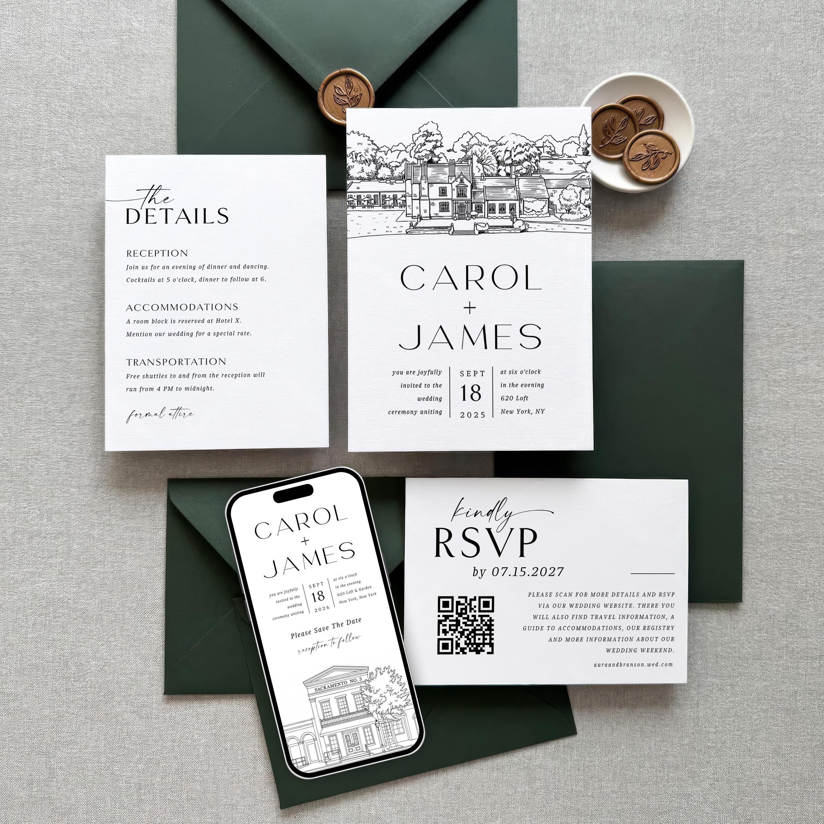 Personalized Wedding Venue Sketch Invitation Suite | Modern Wedding Stationery Bundle | Editable Canva Template