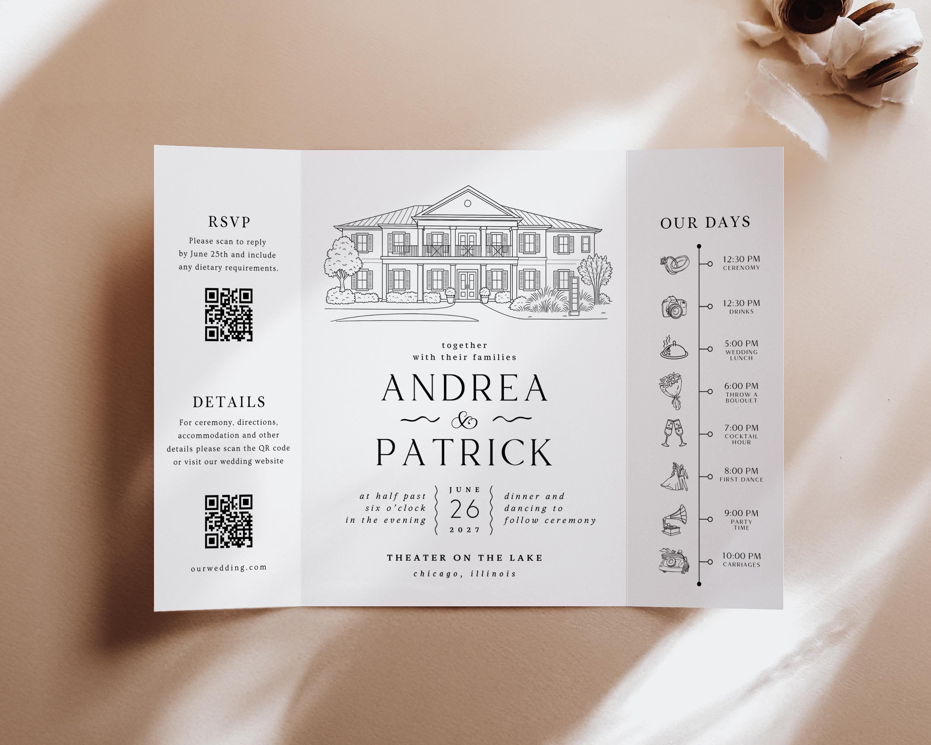 Custom Wedding Venue Illustration Invitation: Line Drawing Gatefold Template