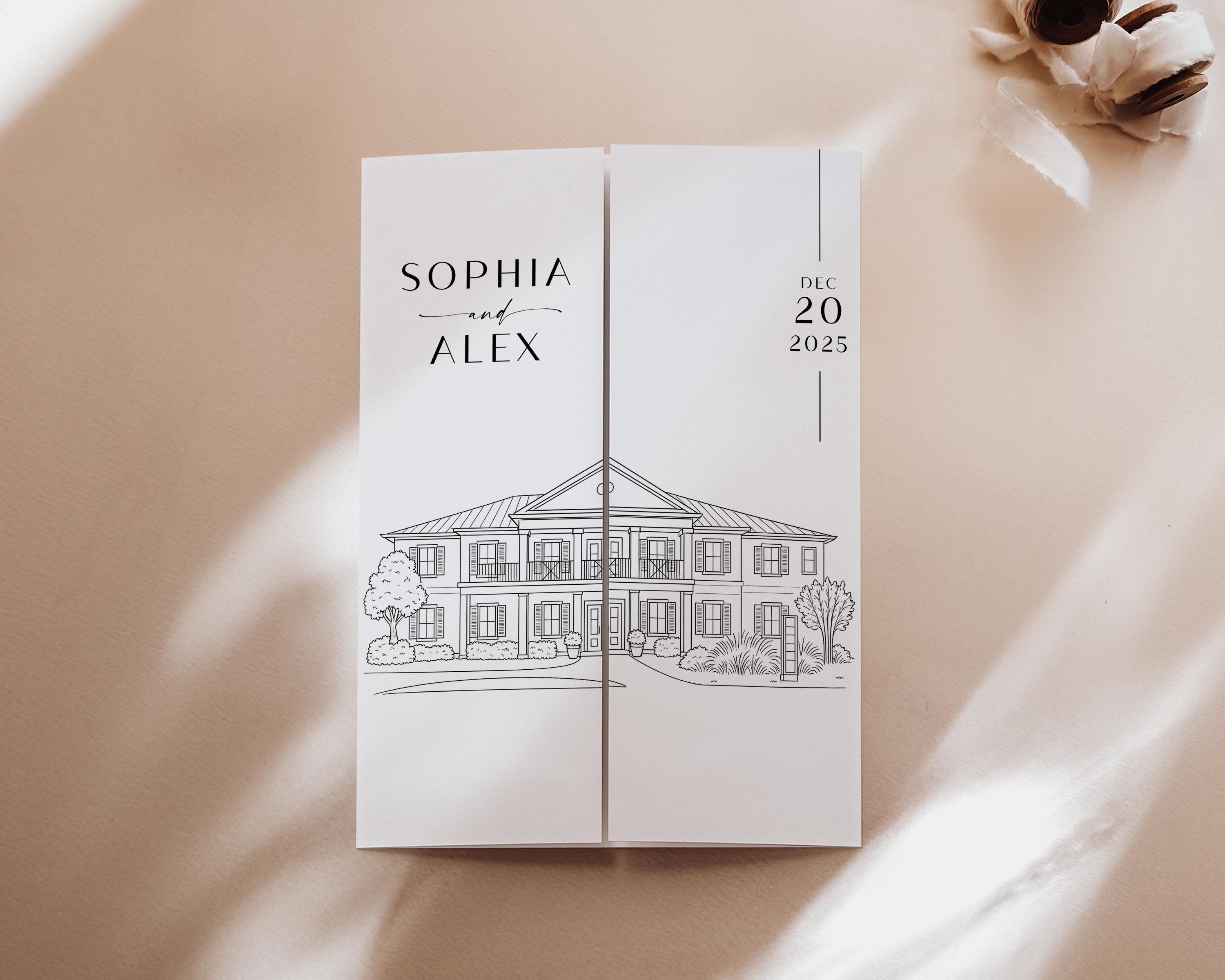 Custom Wedding Venue Illustration Invitation: Line Drawing Gatefold (DIY Canva Template)