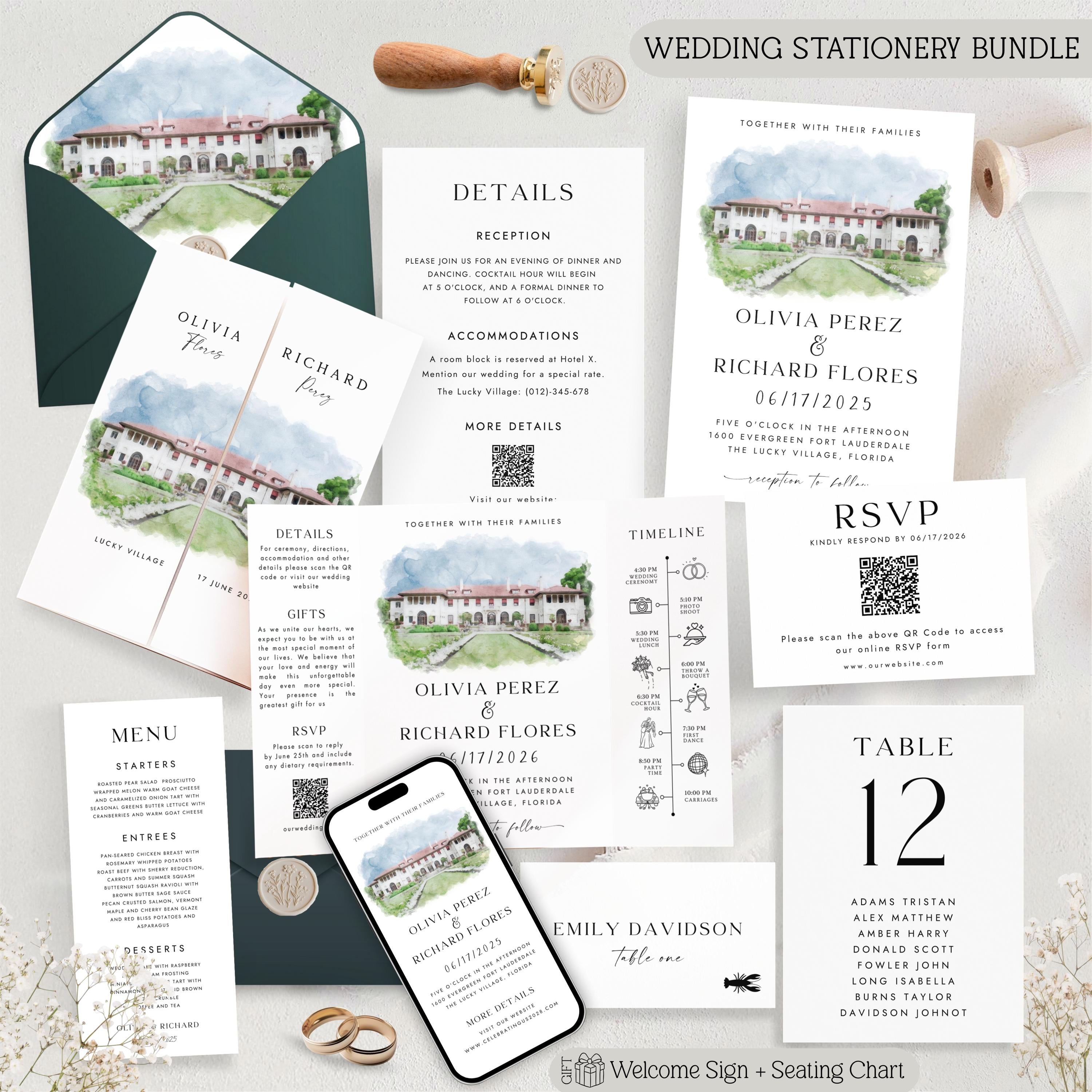 Custom Watercolor Venue Wedding Invitation Suite | Modern Invite set | Editable Canva Template