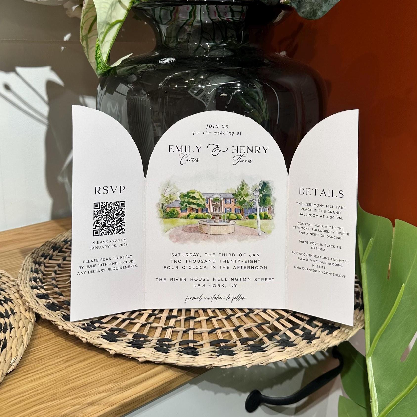 Custom Watercolor Venue Wedding Invitation Template | Editable Illustrations Canva Gatefold Invite | Arch Modern Wedding