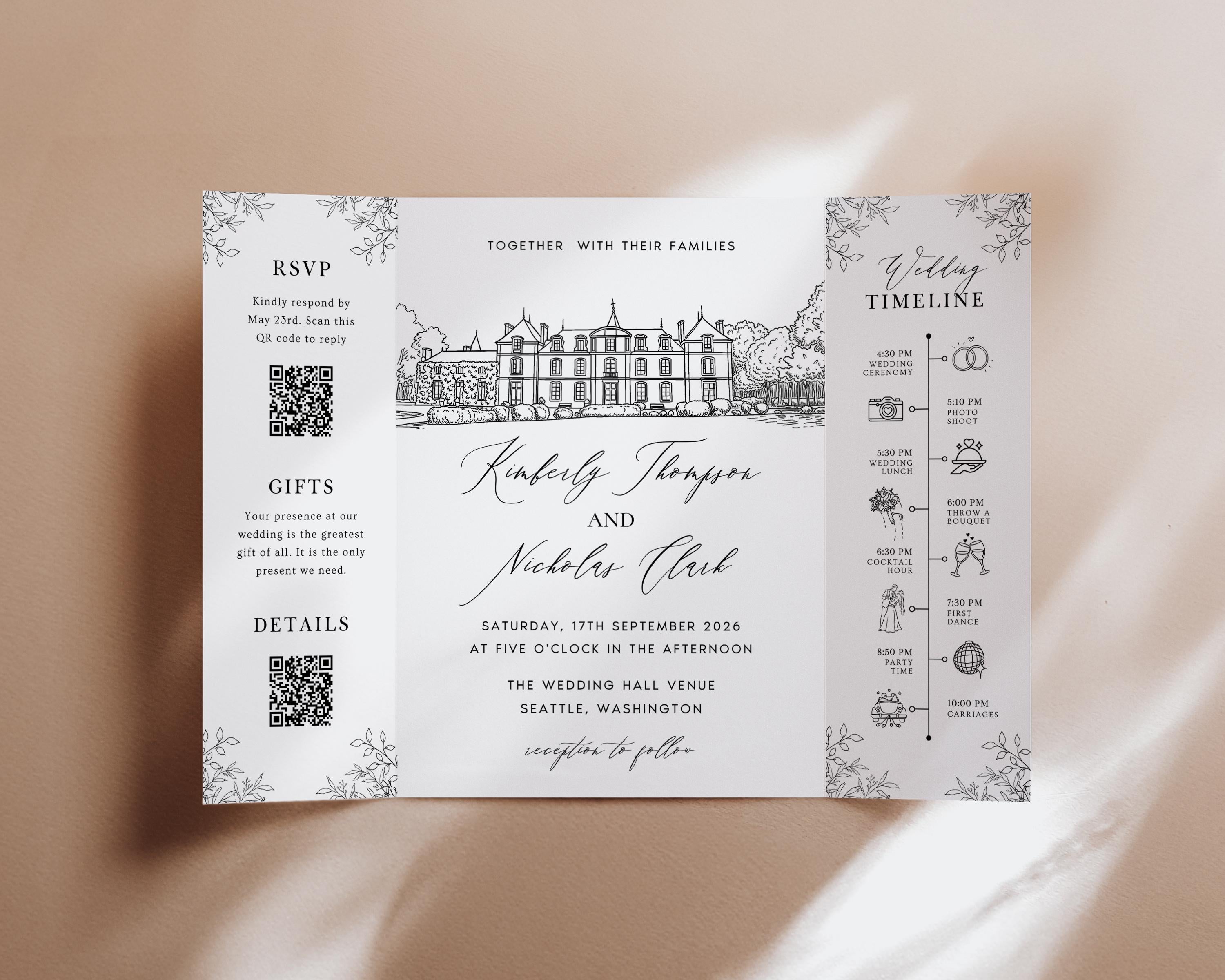 Wedding Venue Sketch Gatefold Invitation | Fully Editable Invitation Canva Template | Illustration