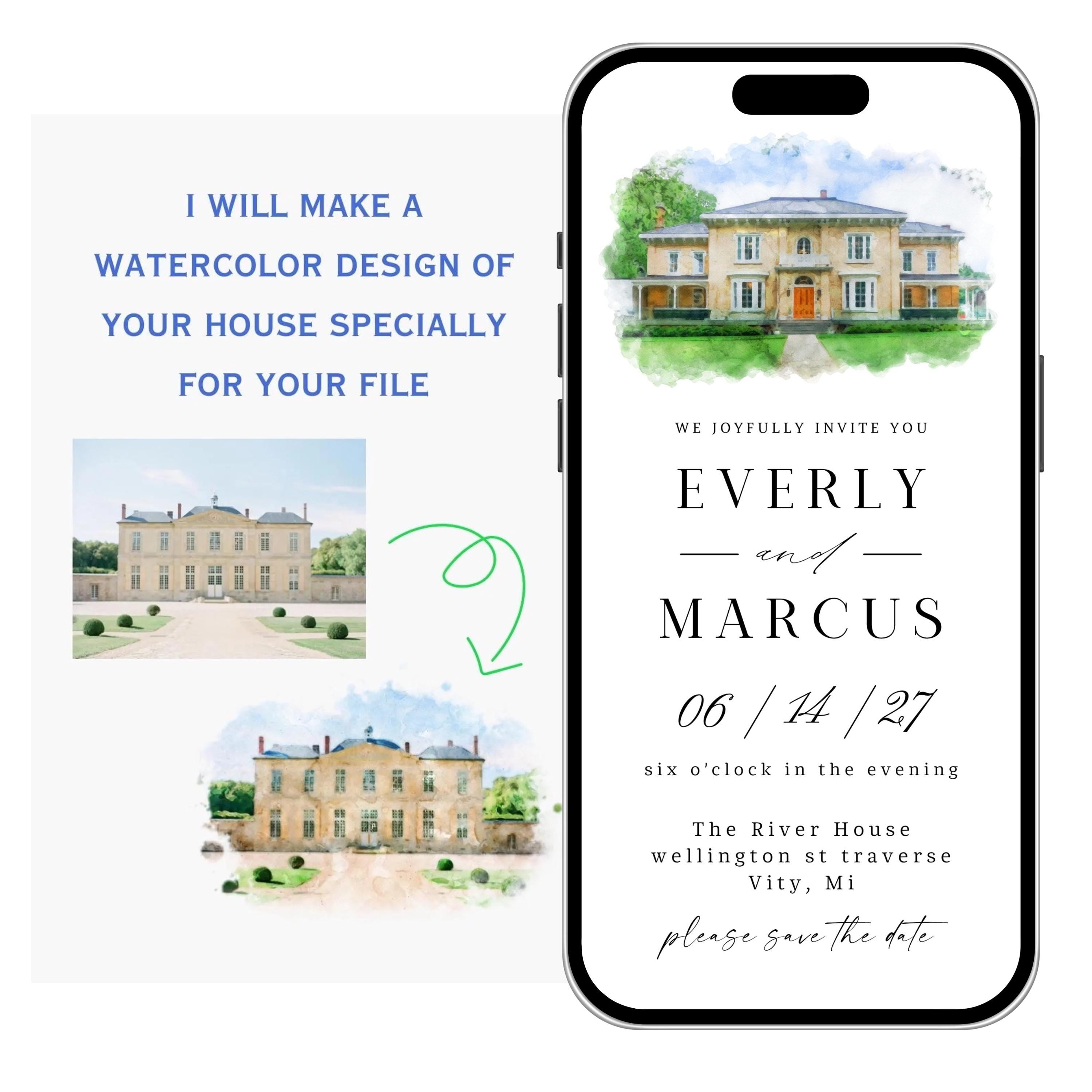 Digital Venue Sketch Save the Date: Watercolor Wedding E-vite (JPEG, PNG, PDF