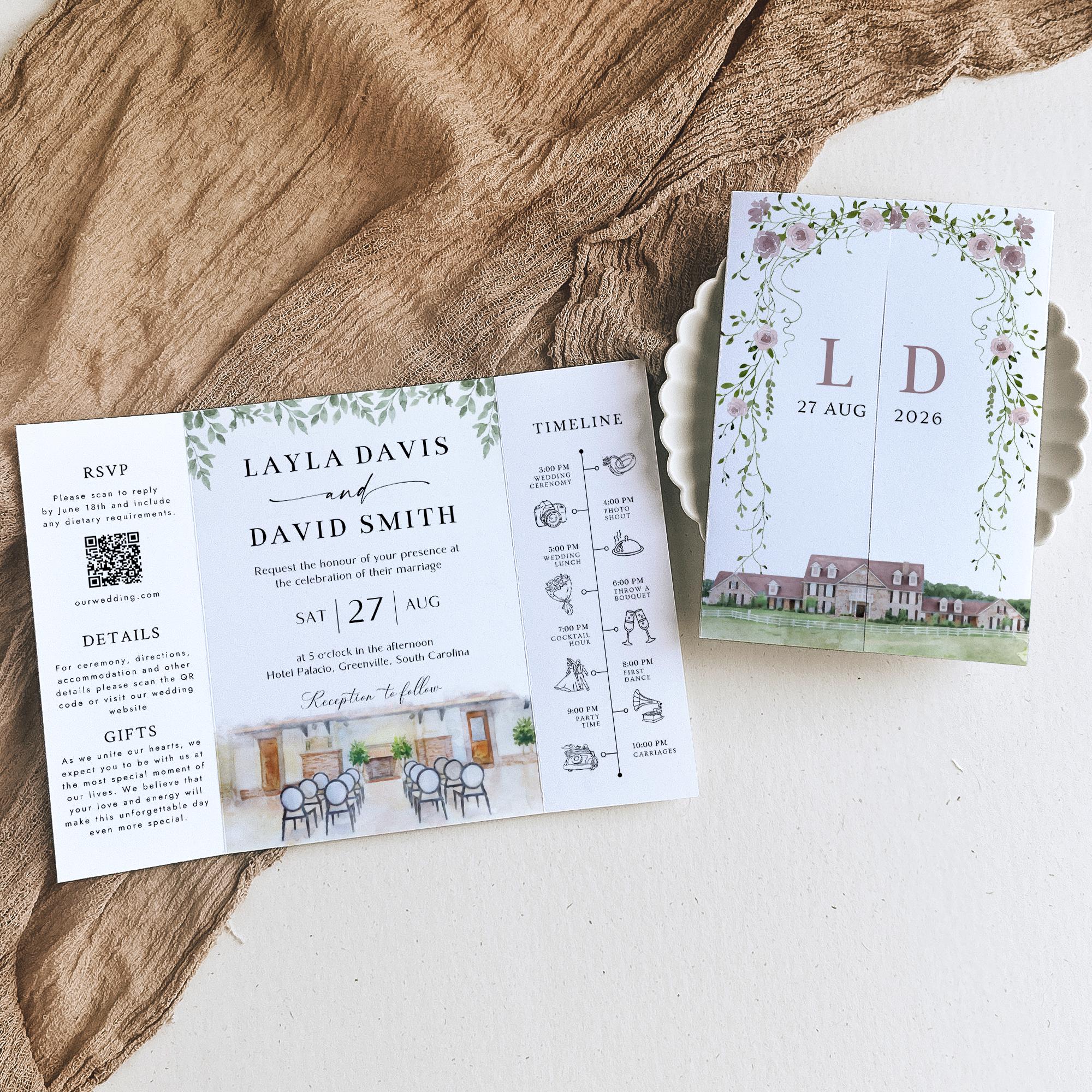 Personalized Watercolor Venue Wedding Invitation | Editable Canva Custom Gatefold Invite | Modern Wedding Template