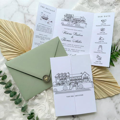 Custom Venue Lineart Invitation Suite | Editable Modern Wedding Invite Canva Template, Wedding Stationery Bundle
