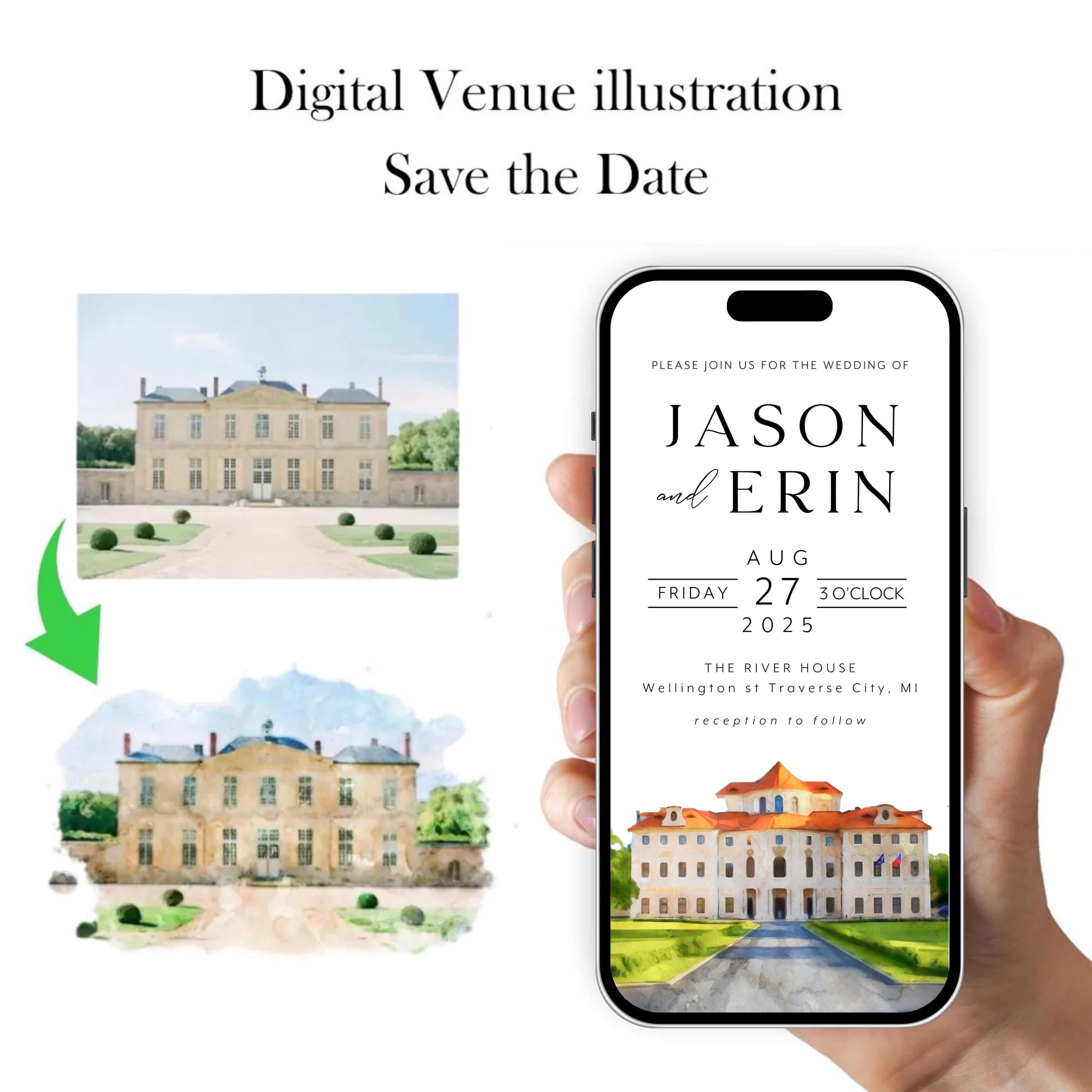 Digital Venue Sketch Save the Date: Watercolor Wedding E-vite (JPEG, PNG, PDF