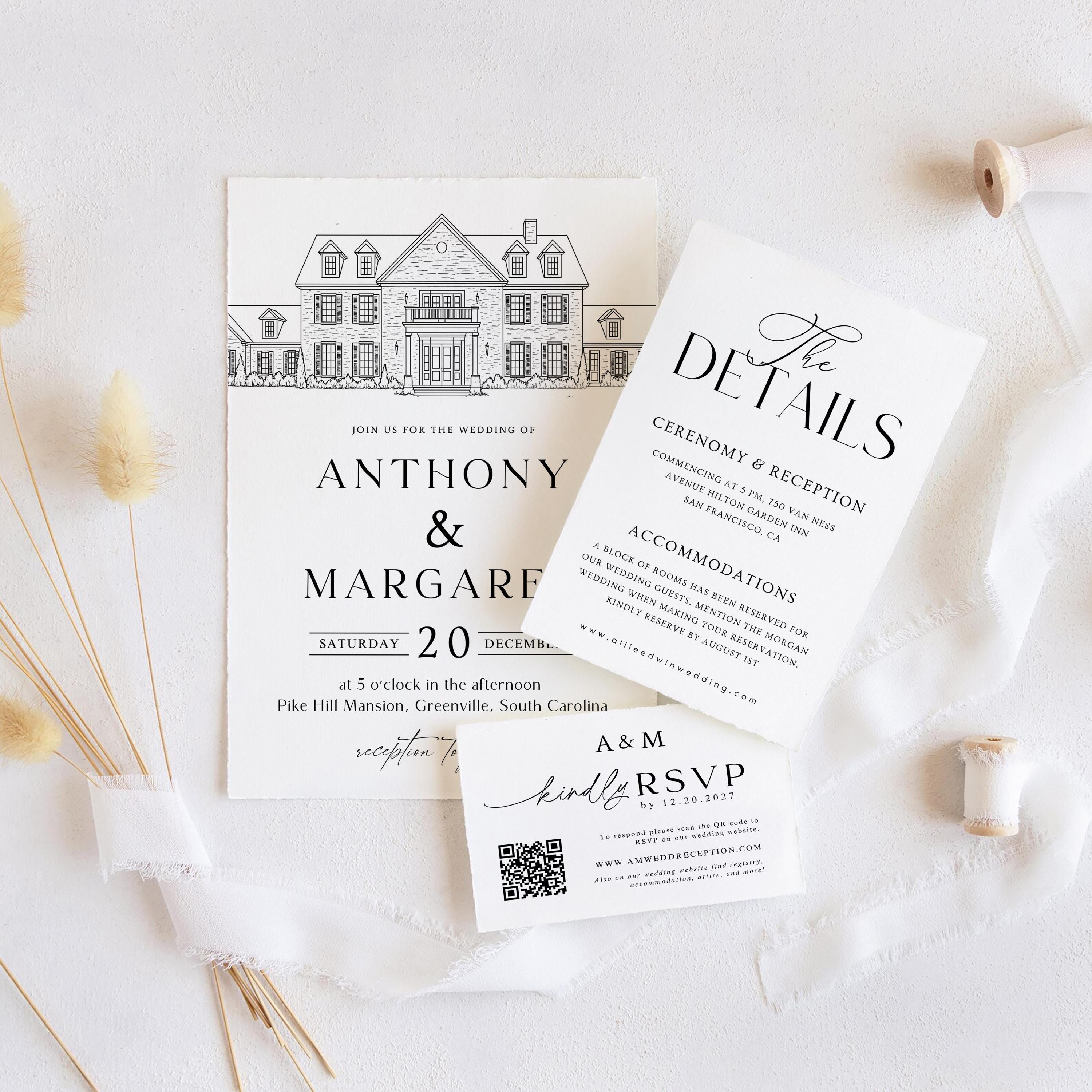 Custom Wedding Venue Line Art Invitation: DIY Canva Template (RSVP ,Details,include) (Digital Download)