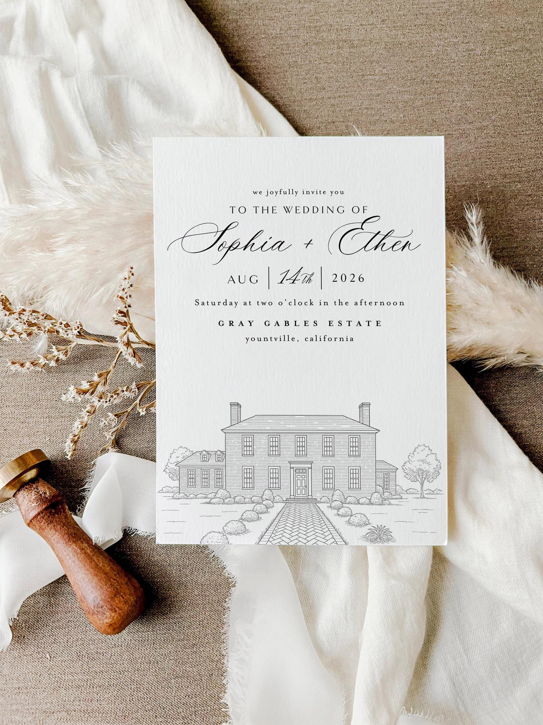 Custom Venue Line Drawing Wedding Invitation (Canva Template)