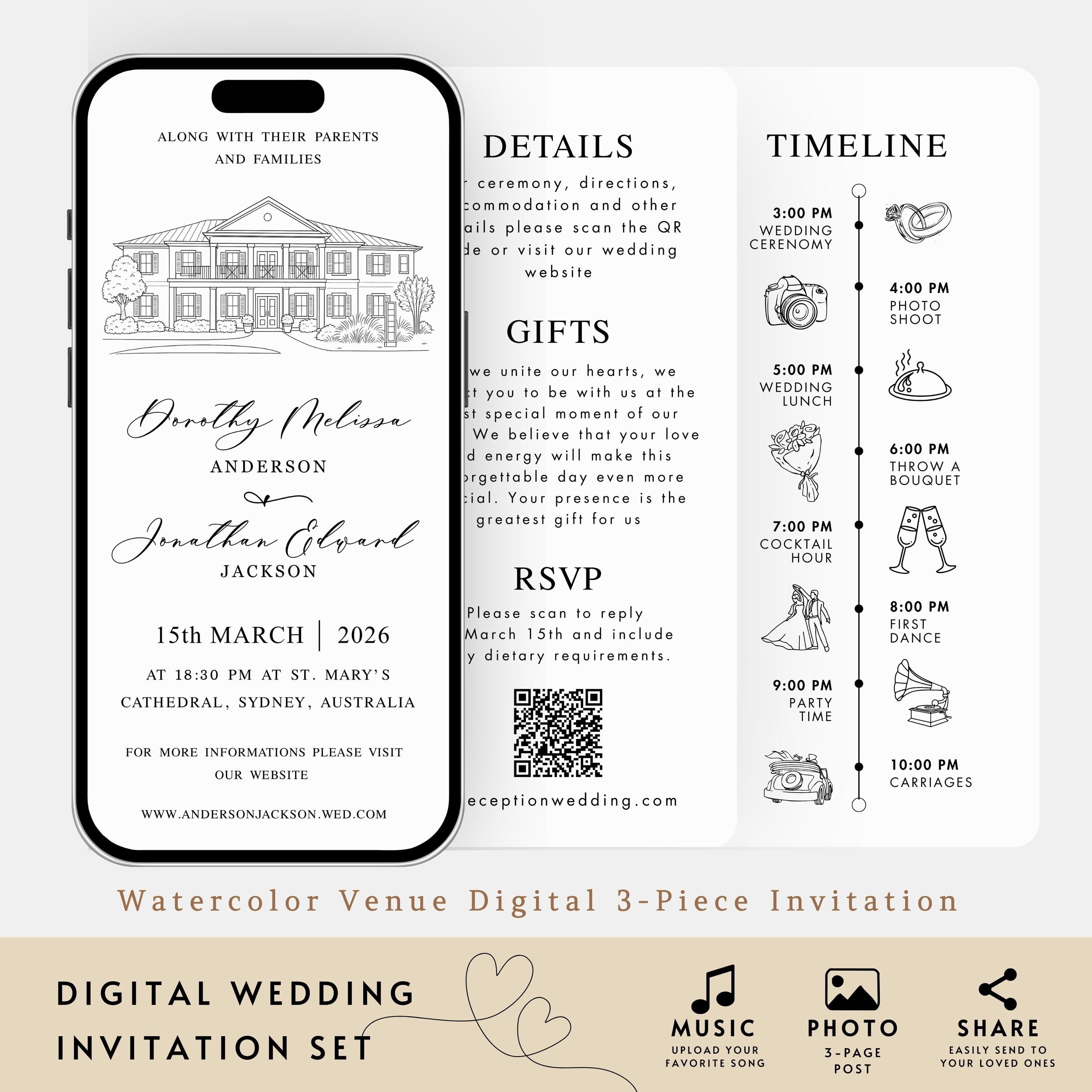 Venue Sketch Wedding Invitation Suite, Digital Wedding Phone Invite, Custom electronic venue E-vite, Editable Canva Template
