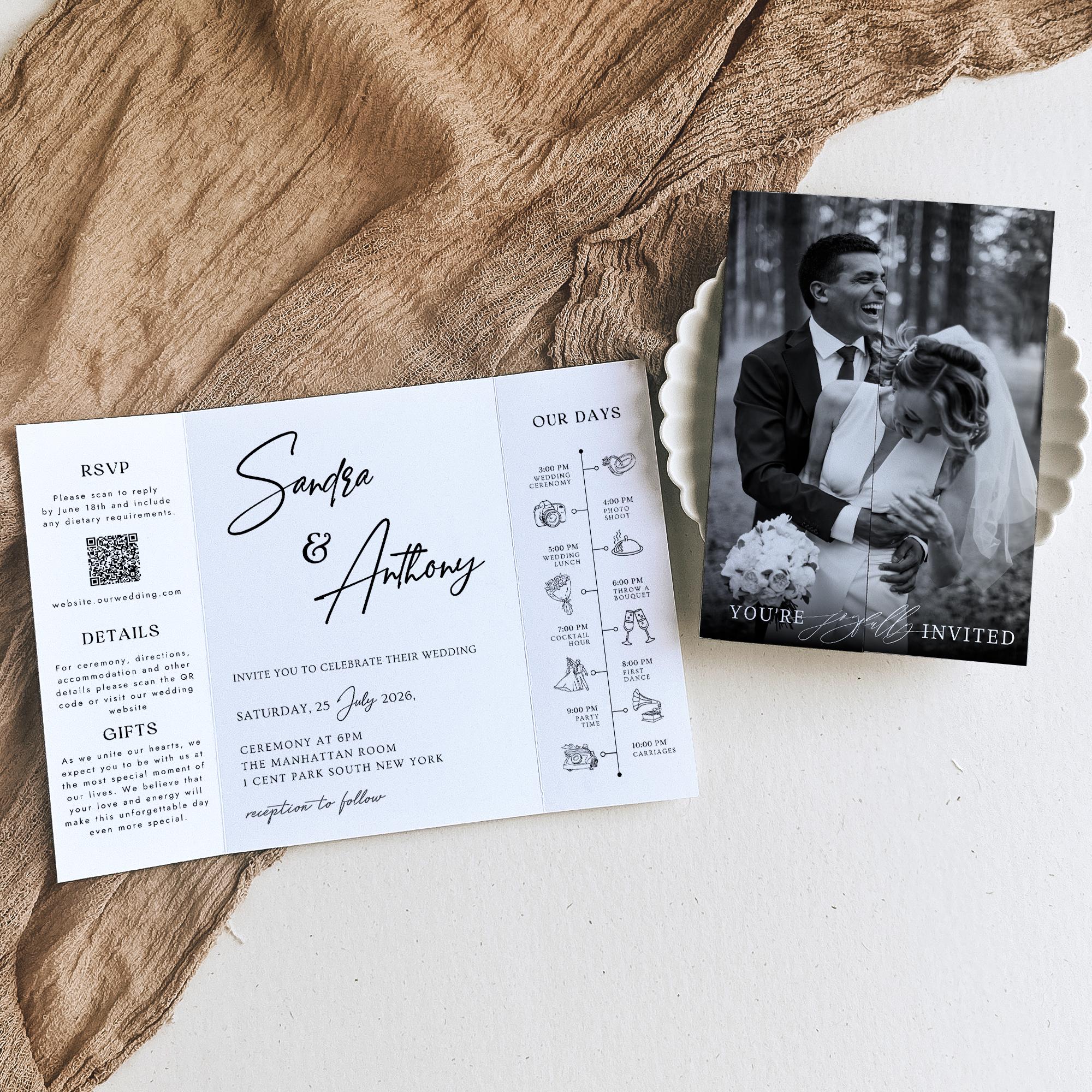 Photo Wedding Invitation Template, Gatefold Trifold, Editable Canva Minimalistic Invite