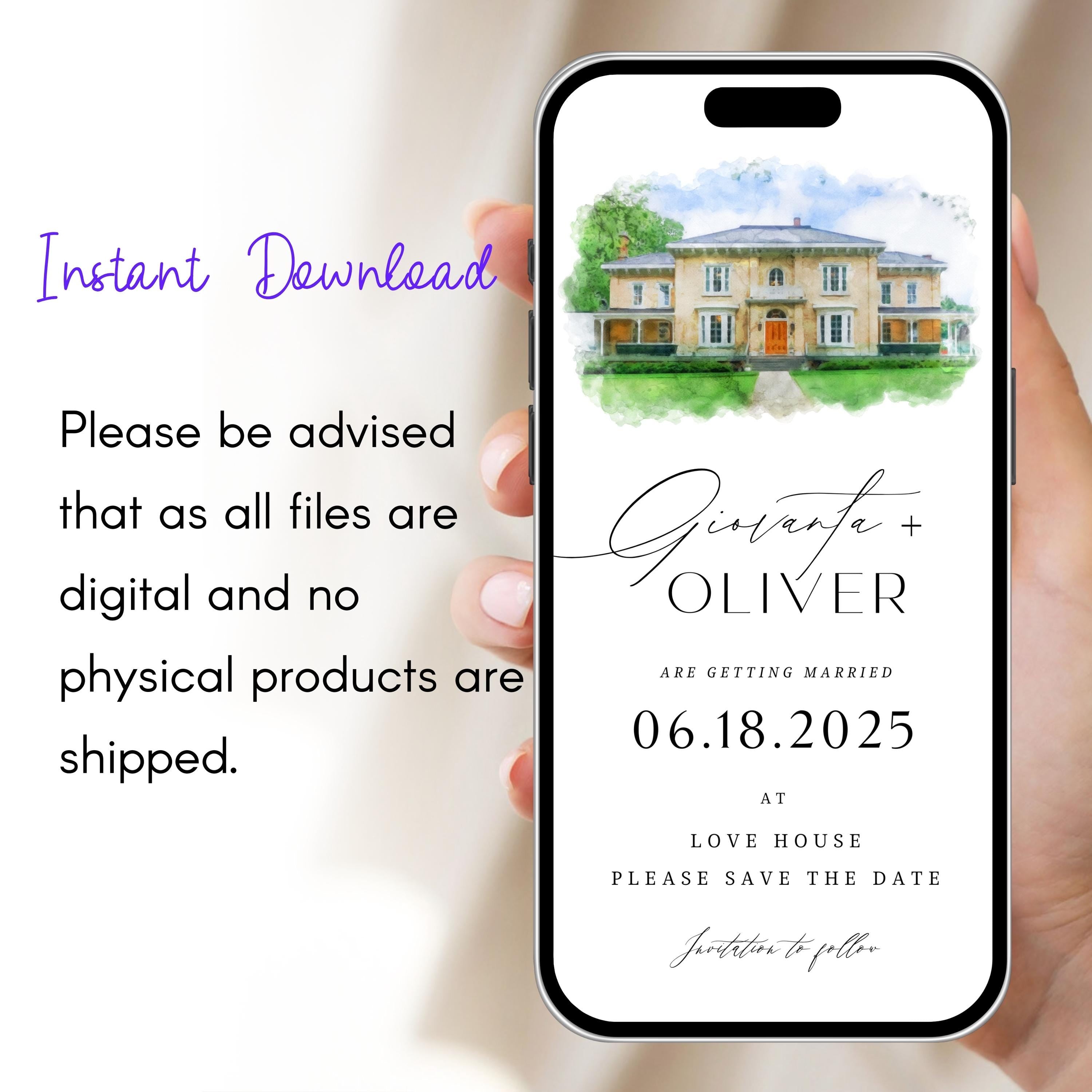 Watercolor Venue Wedding Invitation Suite, Digital Wedding Phone Invitation, Custom electronic venue E-vite, Editable Canva Template