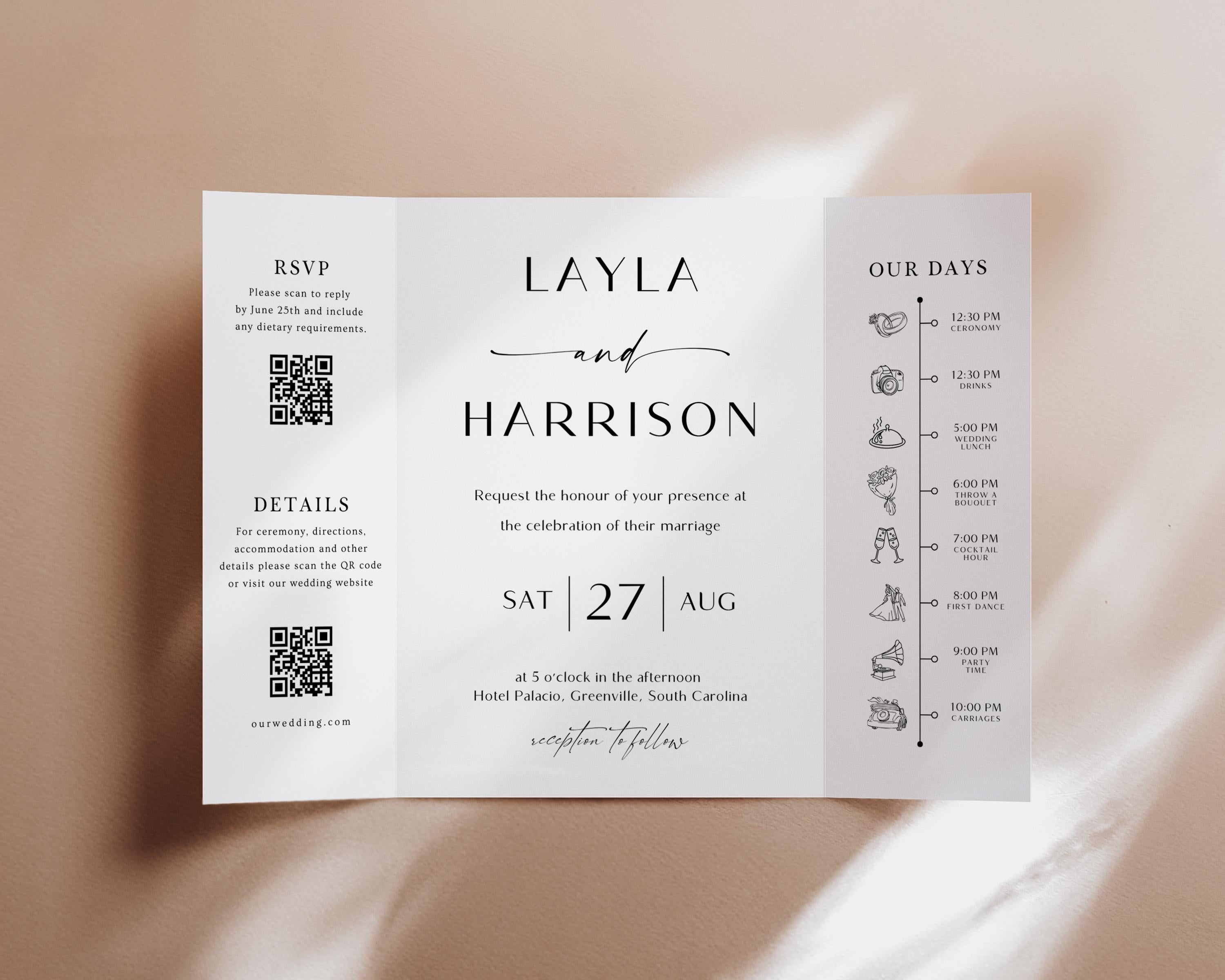 Editable Gatefold Wedding Invitation Template with QR Code (Digital Download)