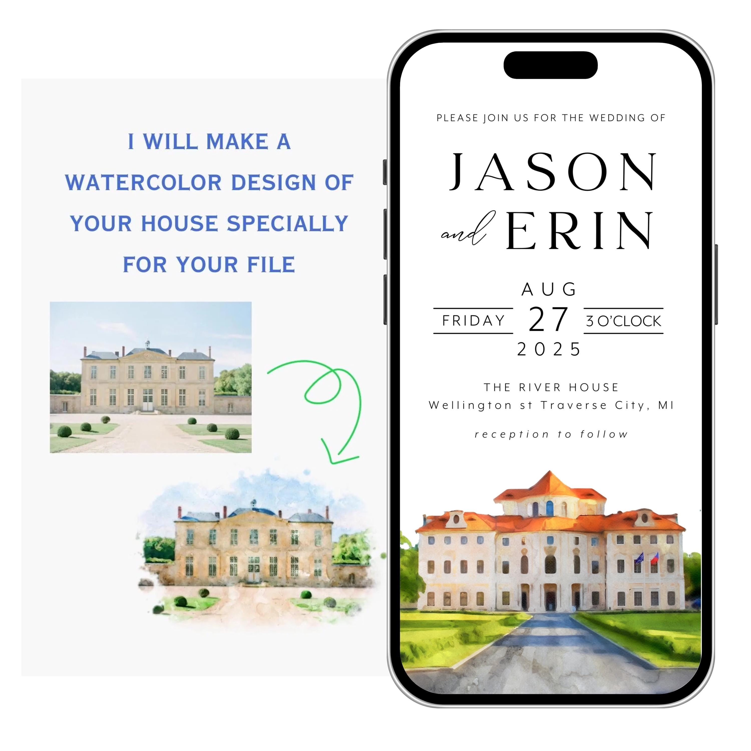 Digital Venue Sketch Save the Date: Watercolor Wedding E-vite (JPEG, PNG, PDF