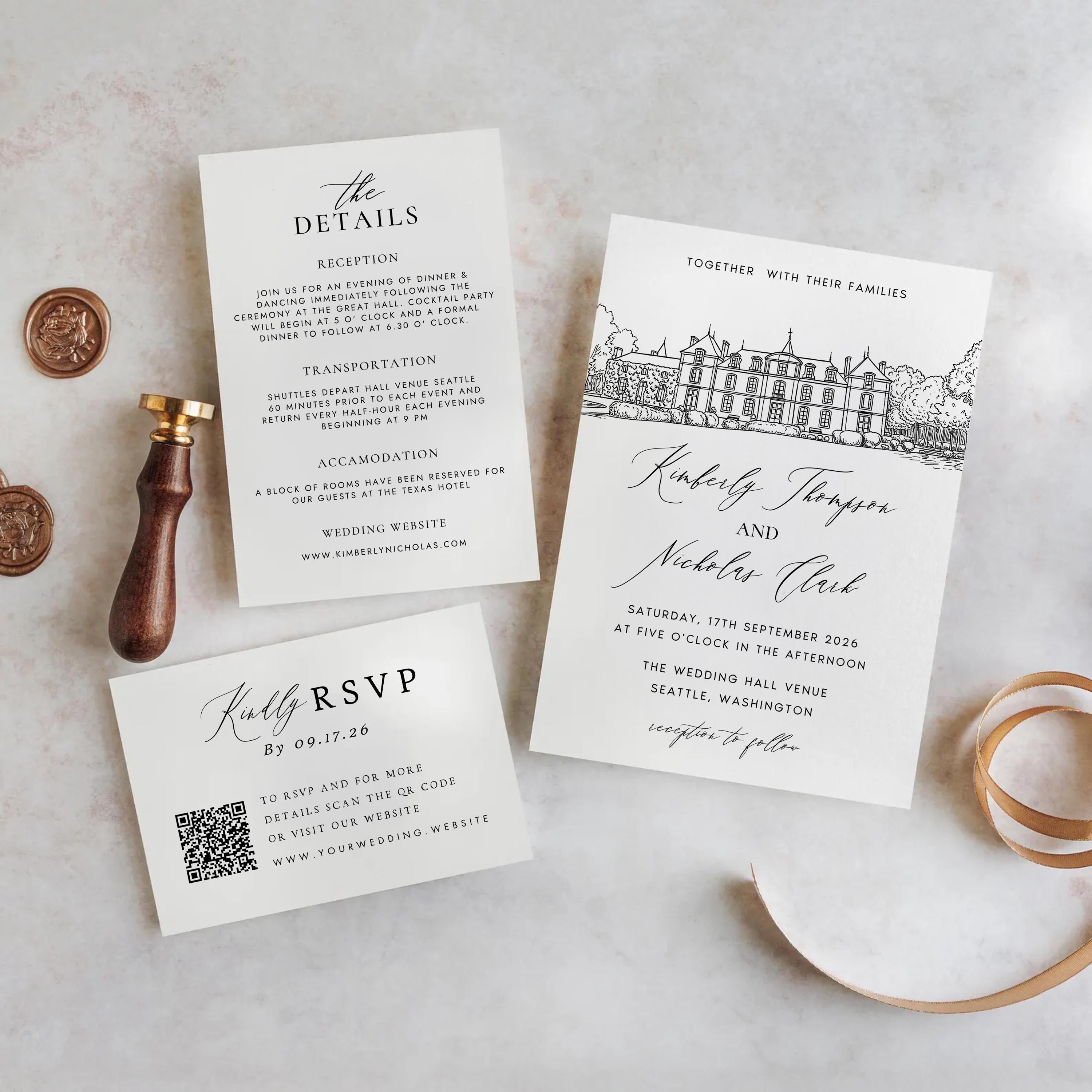 Personalized Wedding Venue Sketch Invitation Suite, Fully Editable DIY Canva Template, Wedding Stationery Bundle