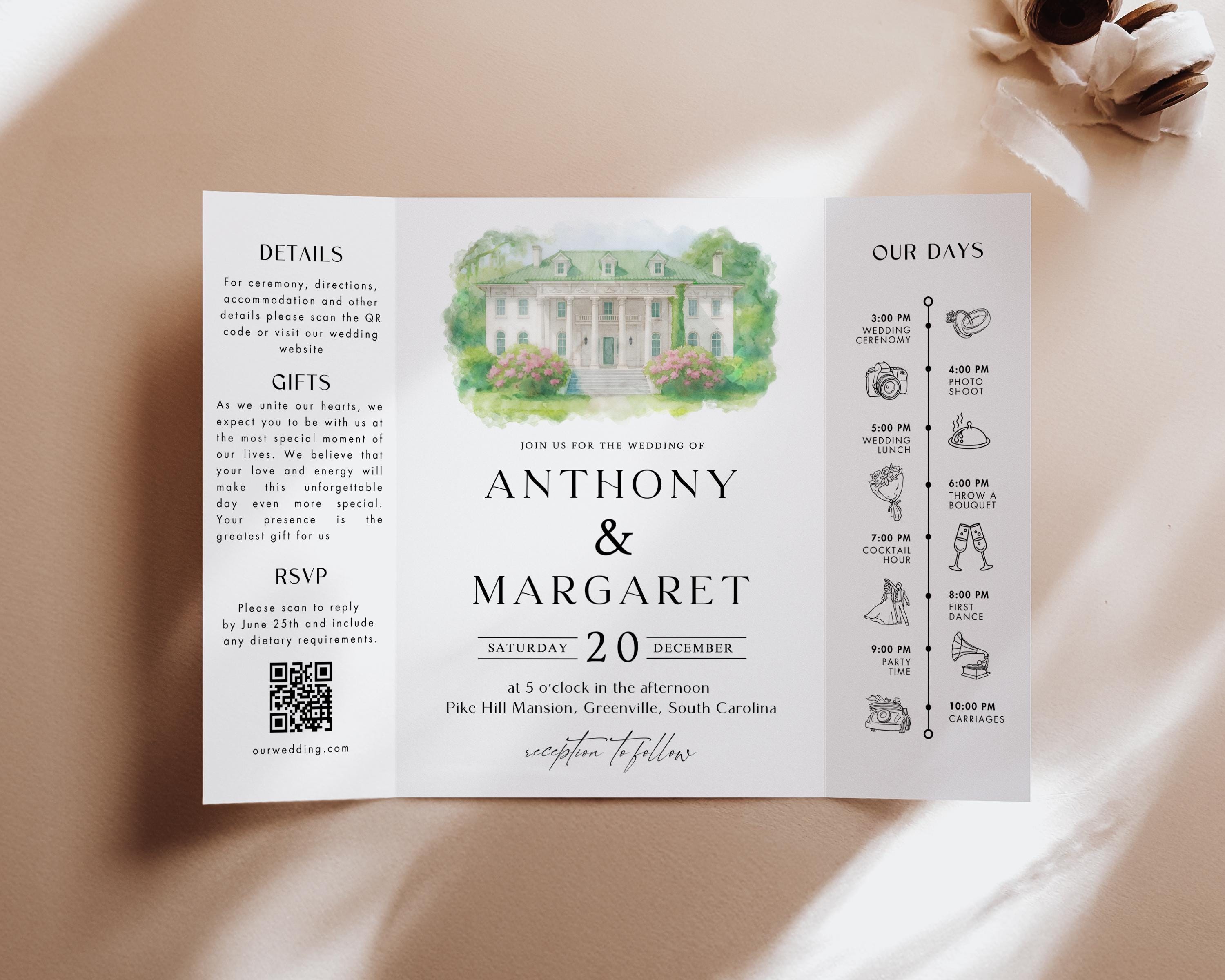 Custom Watercolor Venue Wedding Invitation, Editable Canva Gatefold Invite Template