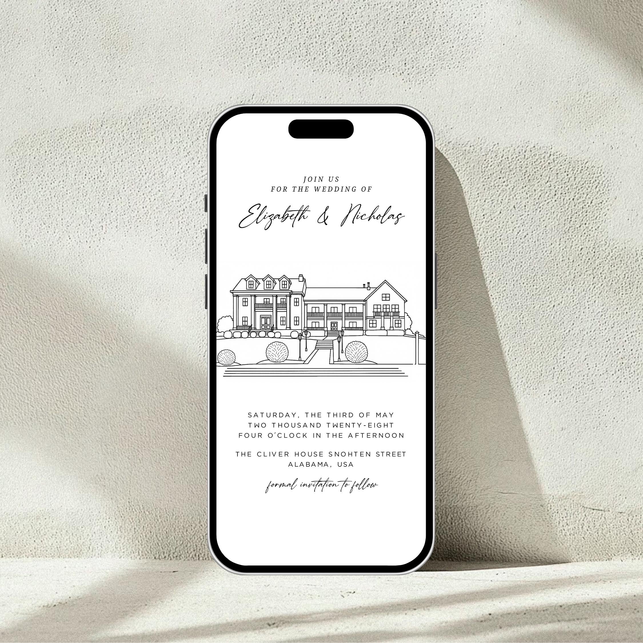 Custom Wedding Venue Lineart Invitation Bundle | Modern Wedding Sketch Illustration Invite | Editable Canva Template