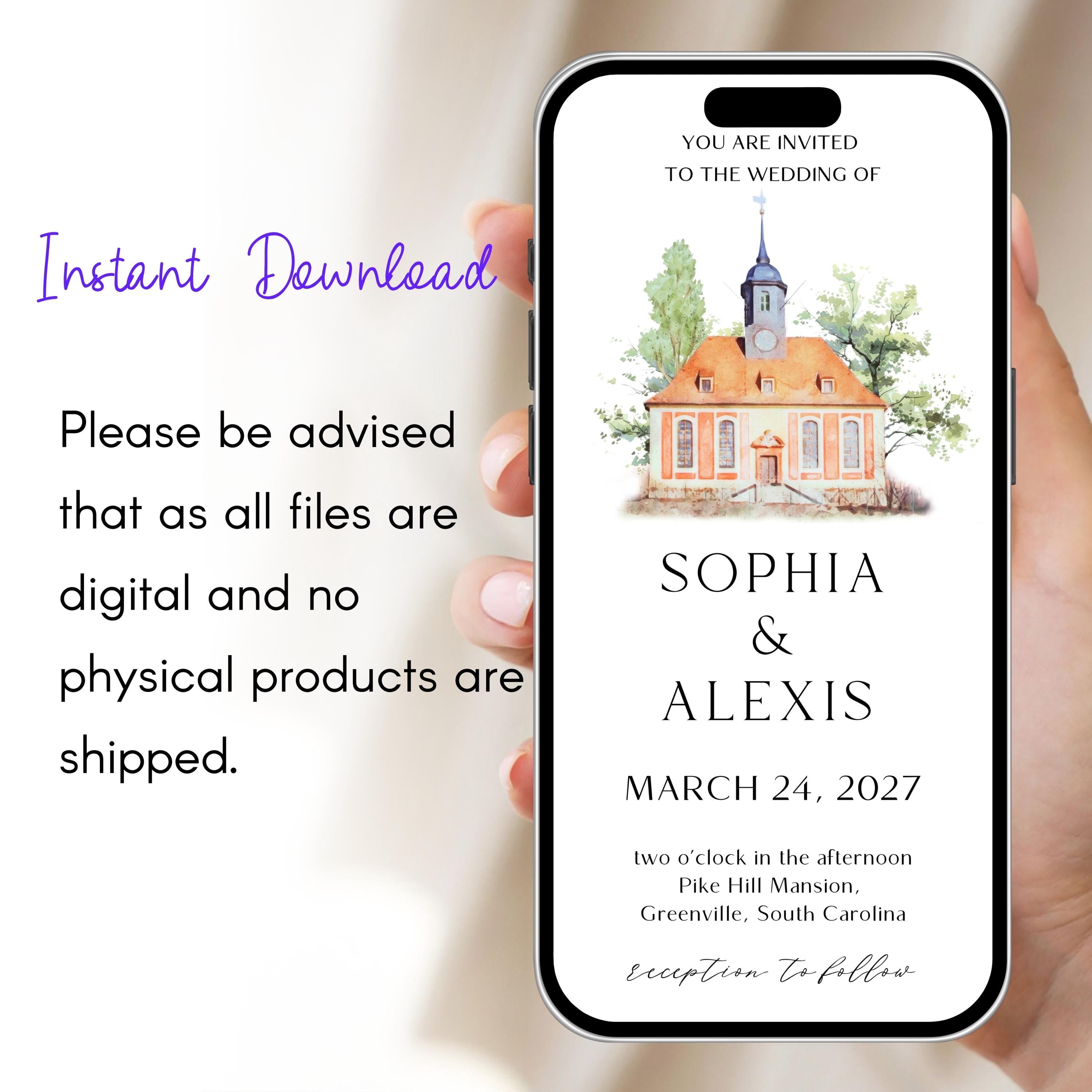 Digital Venue Sketch Save the Date: Watercolor Wedding E-vite (JPEG, PNG, PDF