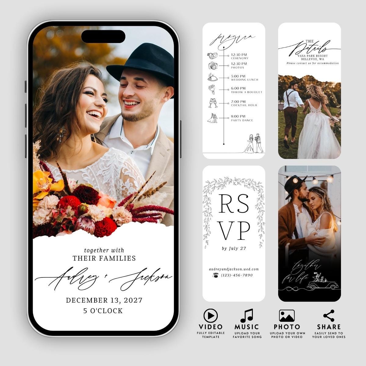 Animated Wedding Video Invitation Template, Canva Editable, Add Photo and Music