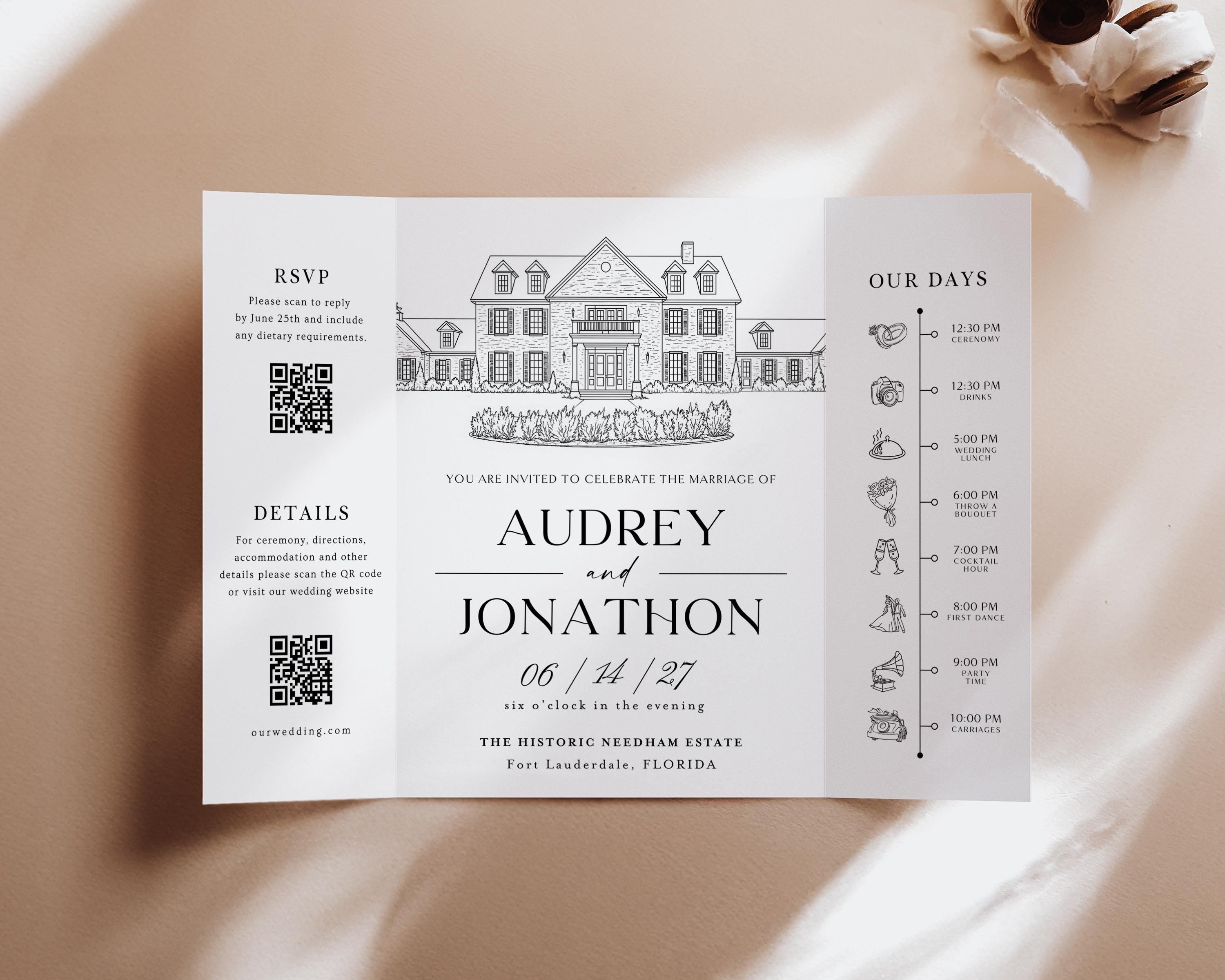 Gatefold Venue Sketch,Line drawing Gatefold Wedding Invitation, Gatefold Wedding Invitation, Gatefold, Wedding Venue Illustration for Invite