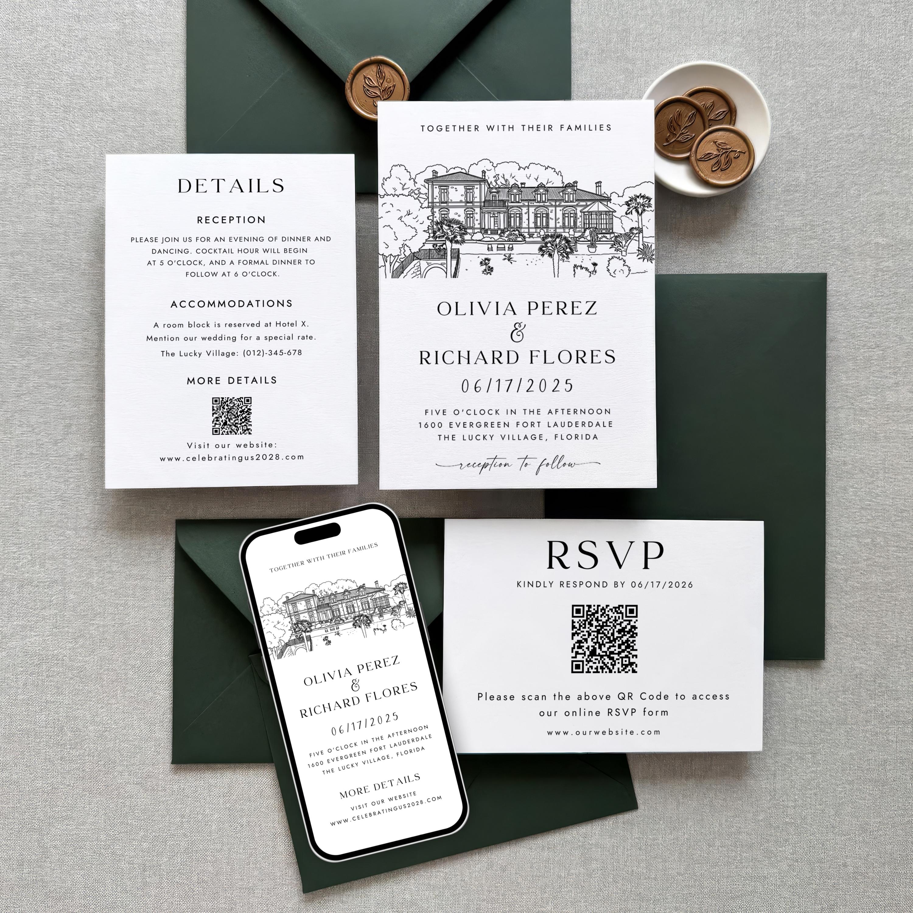 Custom Venue Line art Invitation Bundle | Personalized illustration Wedding Invite Canva Template | Wedding Stationery