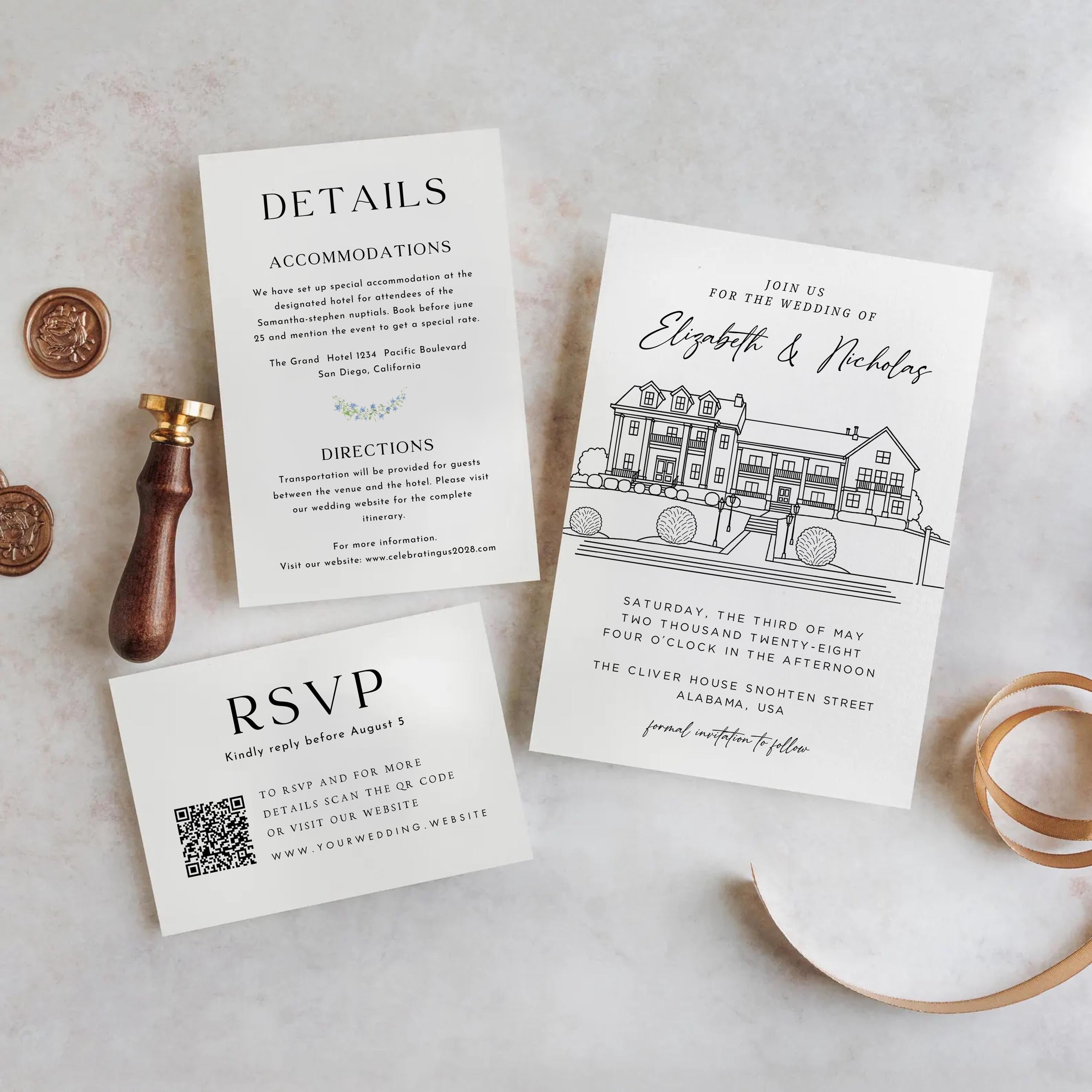 Personalized Wedding Venue Sketch Invitation Suite, Fully Editable DIY Canva Template, Wedding Stationery Bundle
