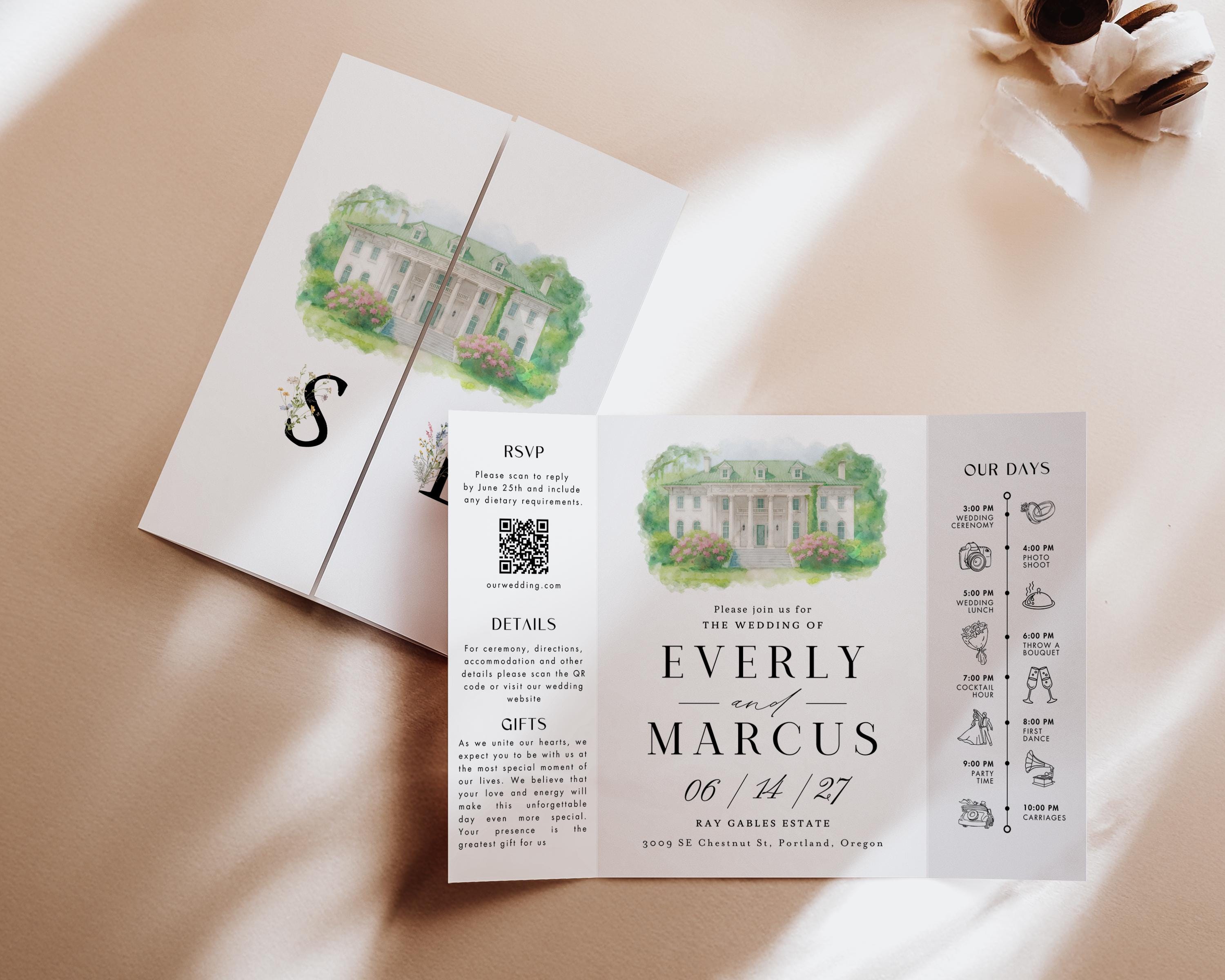 Watercolor Venue Wedding Invitation, Editable Gatefold Canva Template, Custom Invite