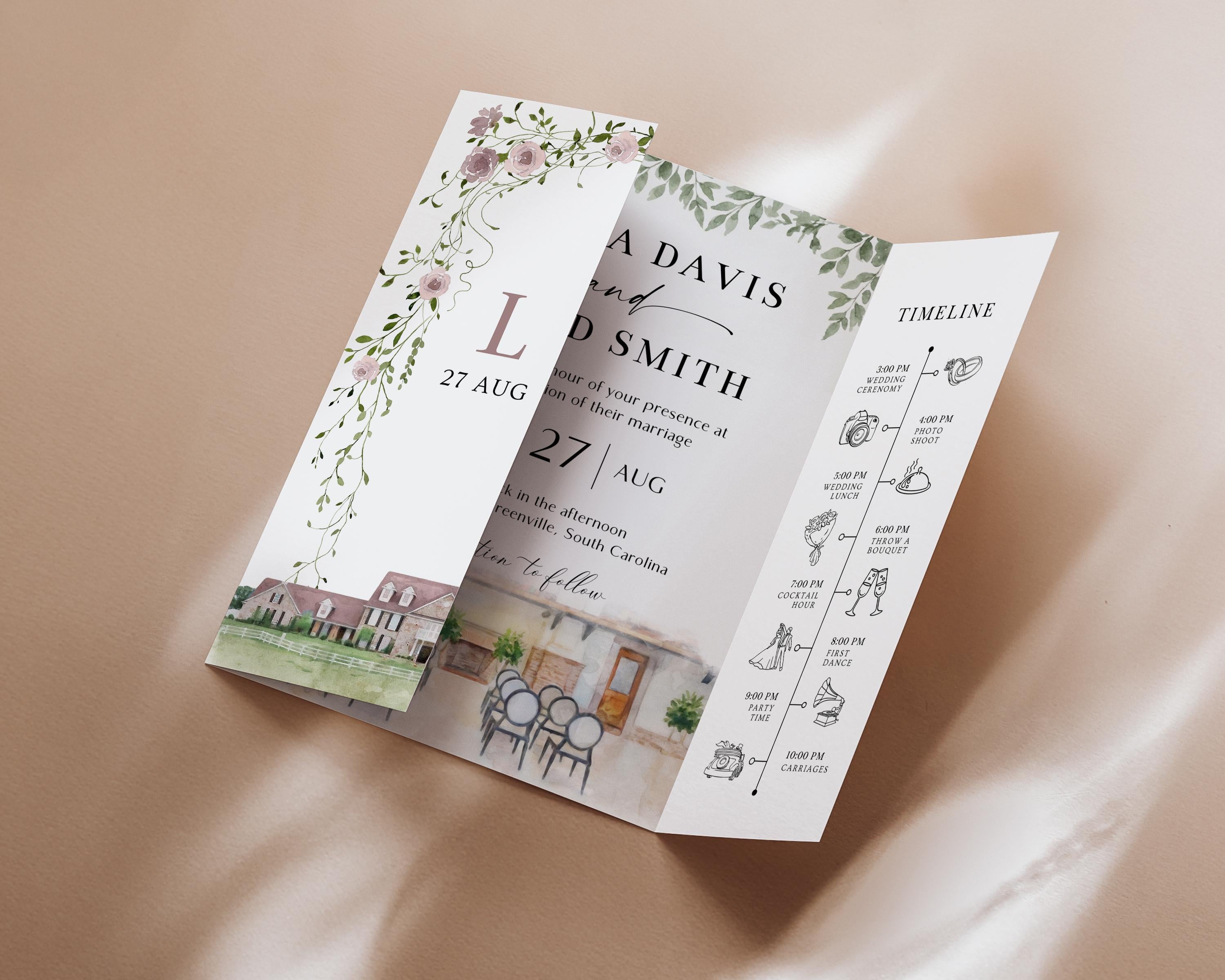 Personalized Watercolor Venue Wedding Invitation | Editable Canva Custom Gatefold Invite | Modern Wedding Template