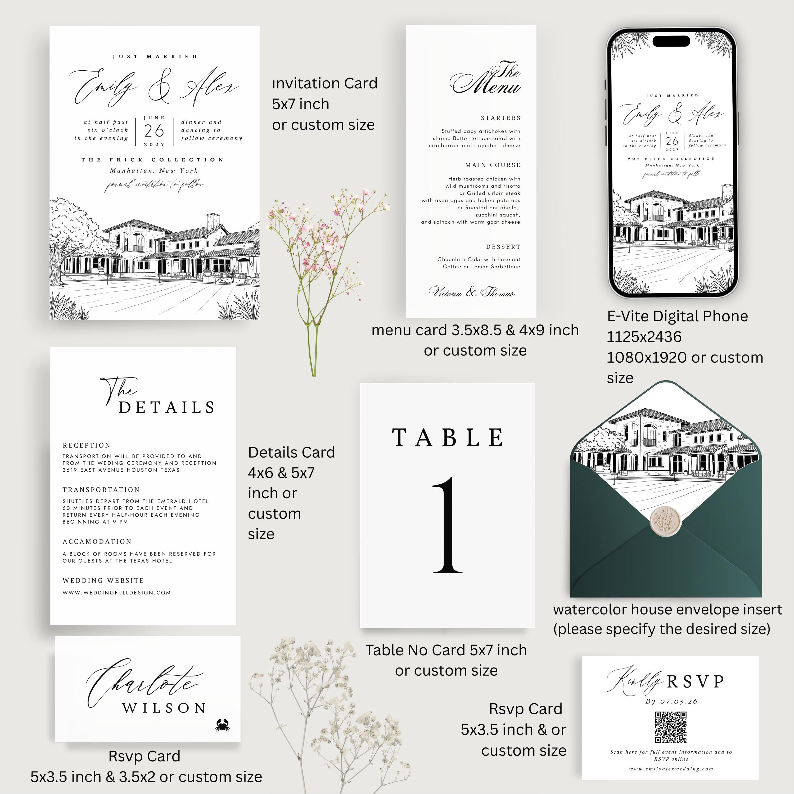Custom Venue Lineart Invitation Suite | Editable Modern Wedding Invite Canva Template, Wedding Stationery Bundle