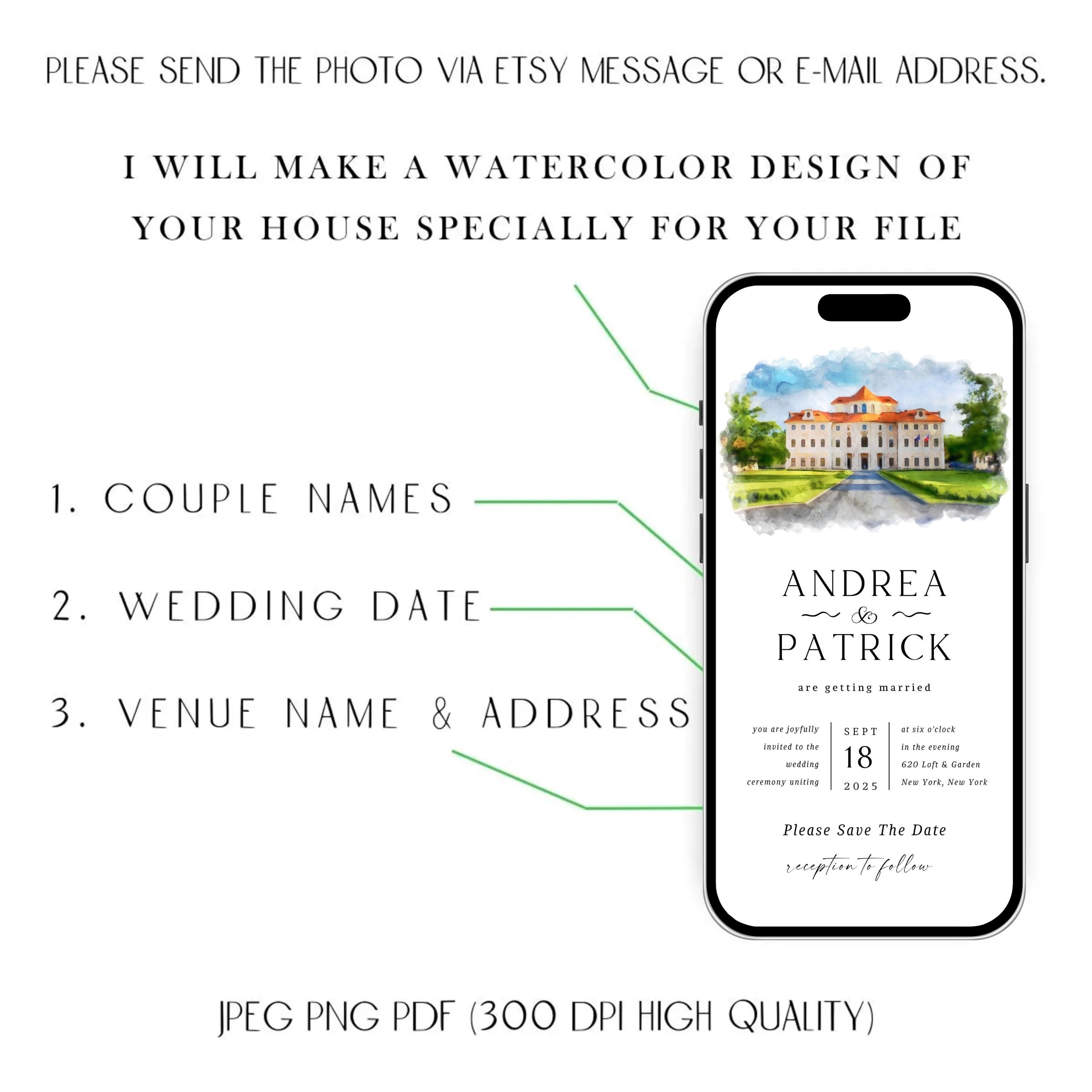 Digital Venue Sketch Save the Date: Watercolor Wedding E-vite (JPEG, PNG, PDF