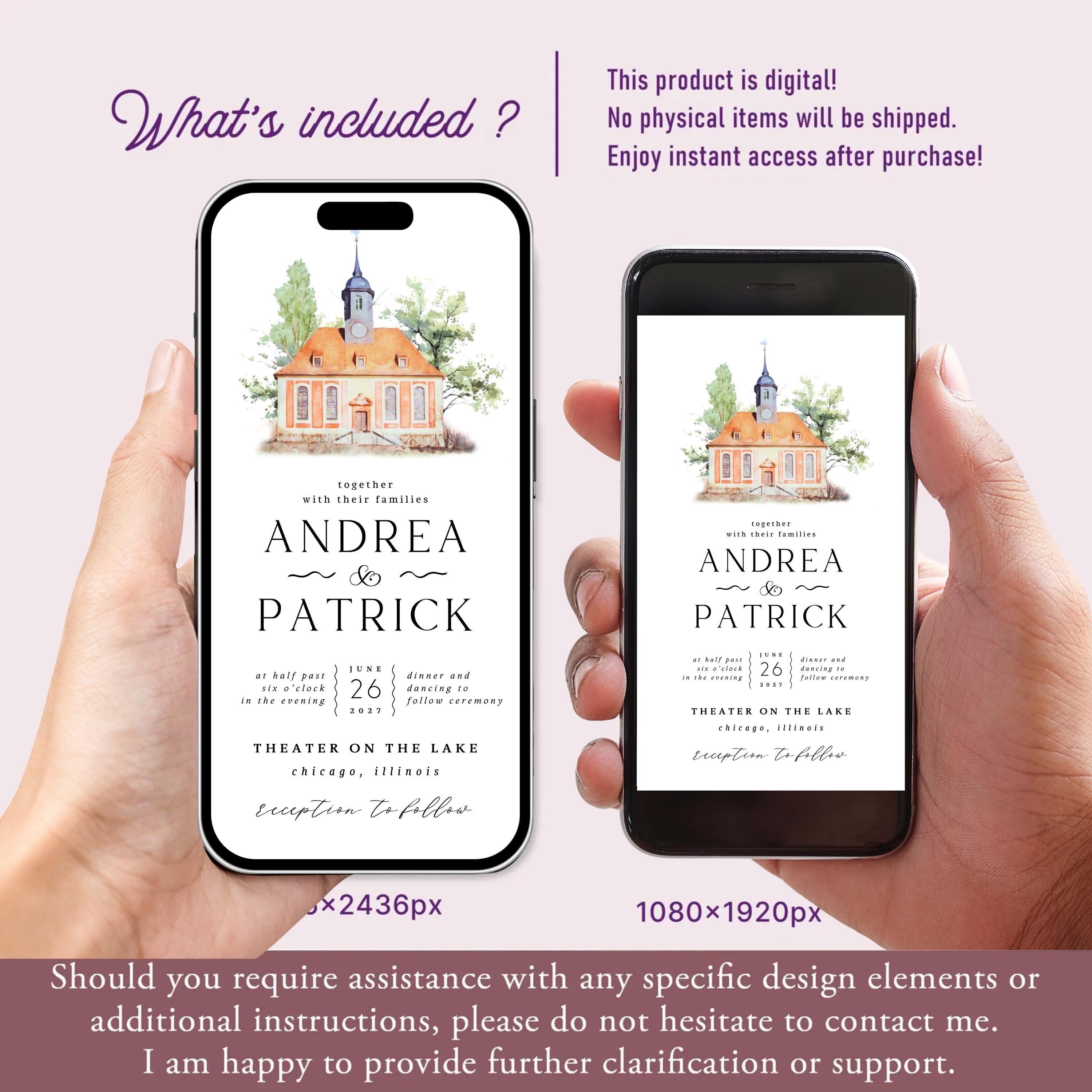 Digital Venue Sketch Save the Date: Watercolor Wedding E-vite (JPEG, PNG, PDF