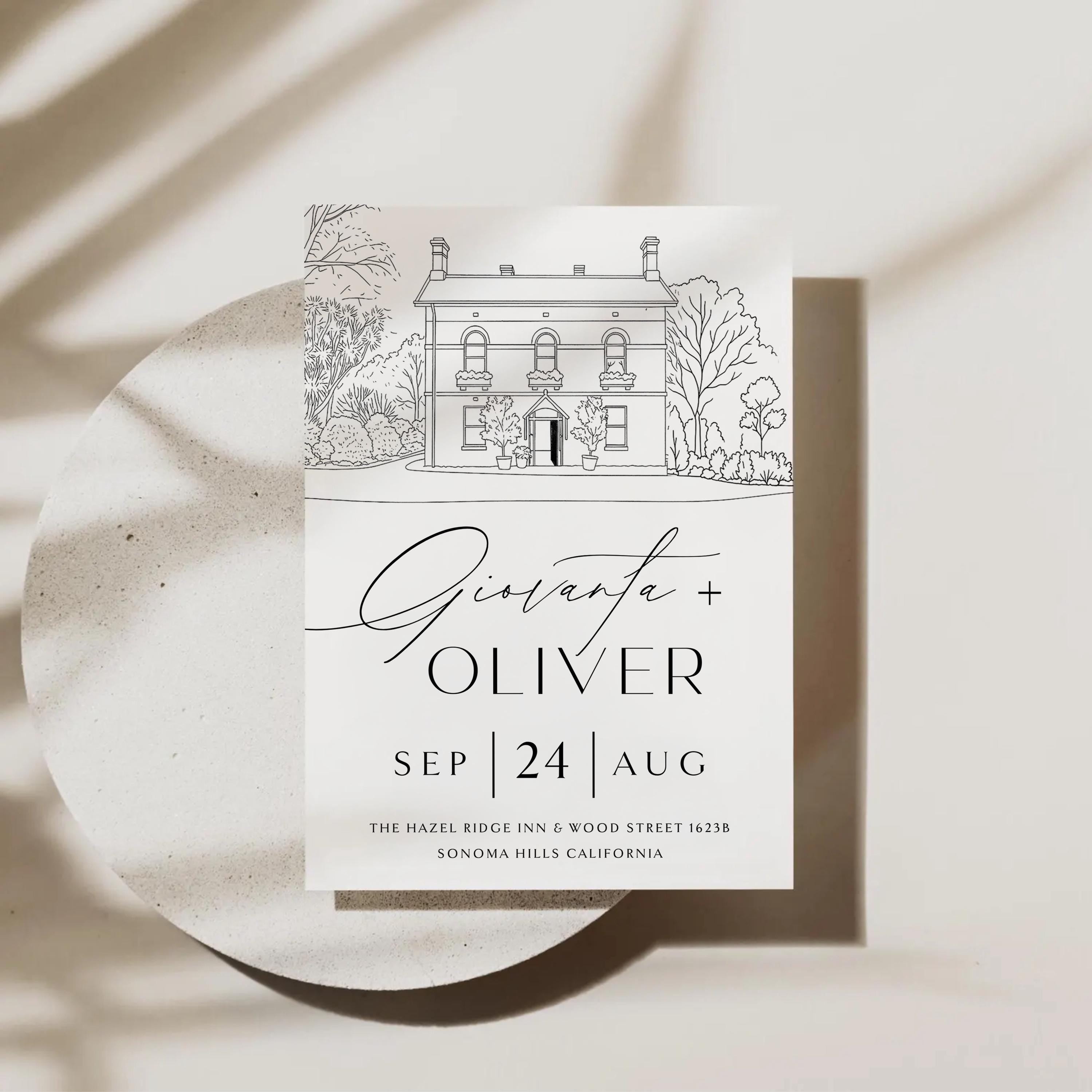 Venue Line Drawing Wedding Invitation: Editable Canva Template