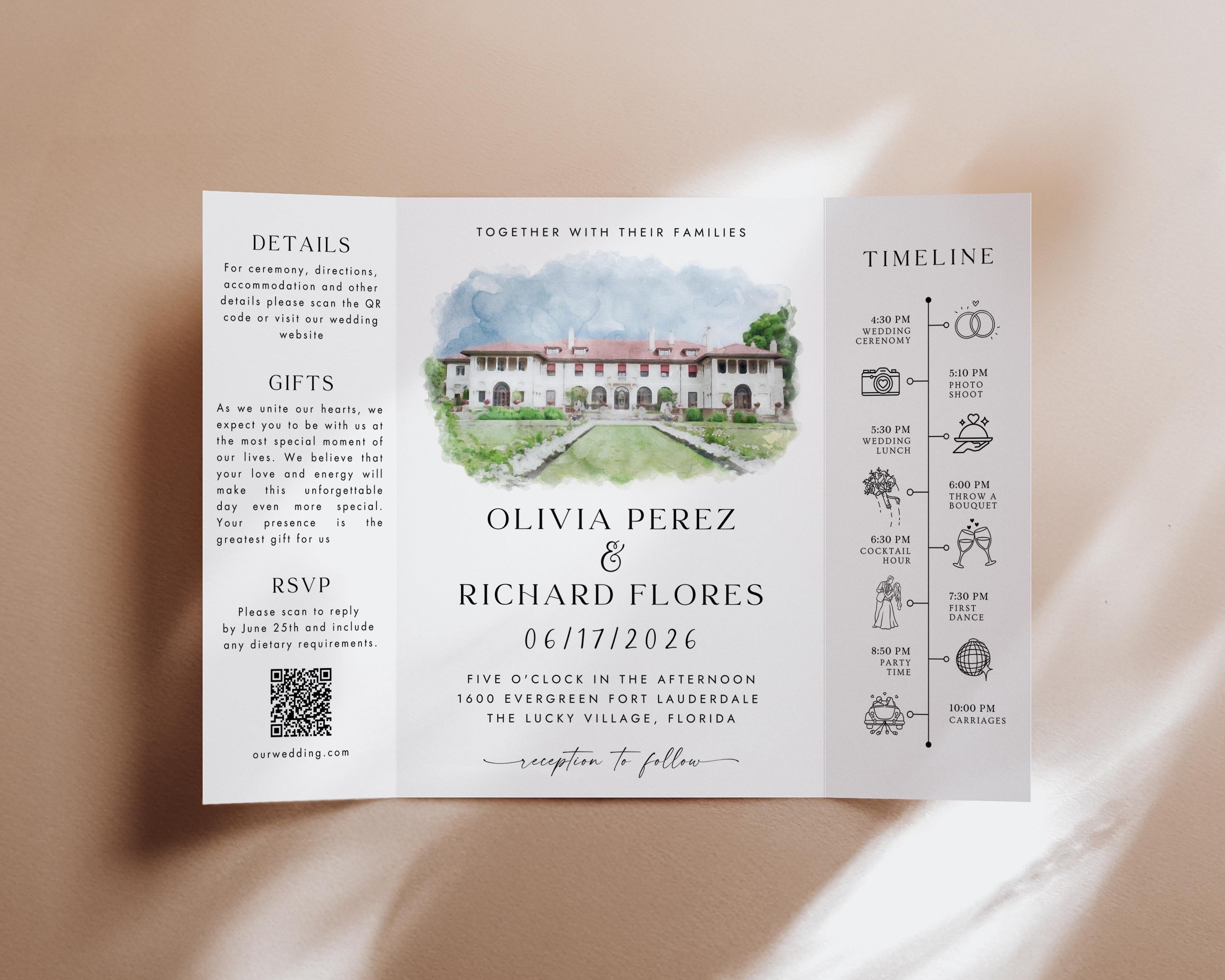 Personalized Watercolor Venue Wedding Invitation | Editable Canva Gatefold Invite | Custom Wedding Template