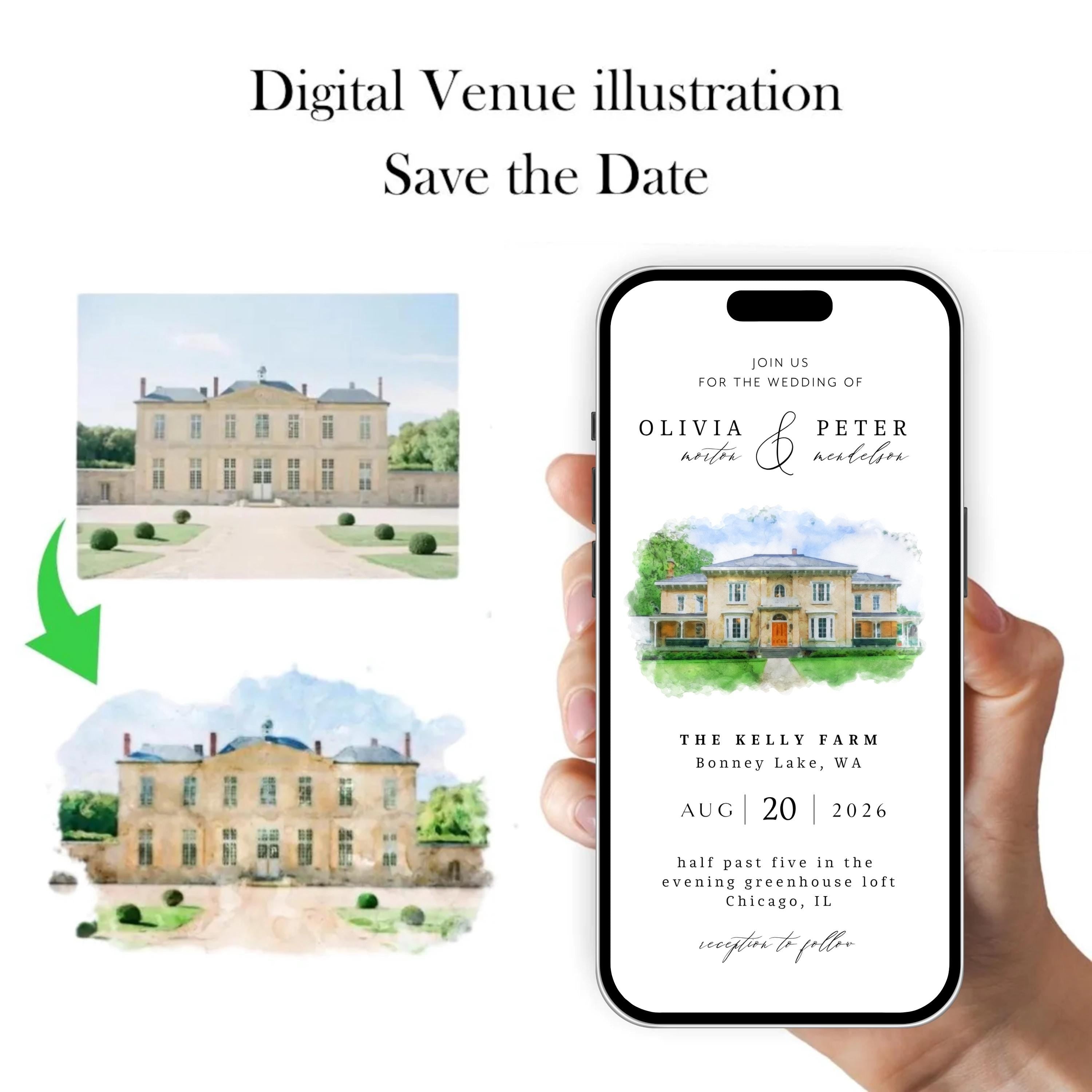 Digital Venue Sketch Save the Date: Watercolor Wedding E-vite (JPEG, PNG, PDF
