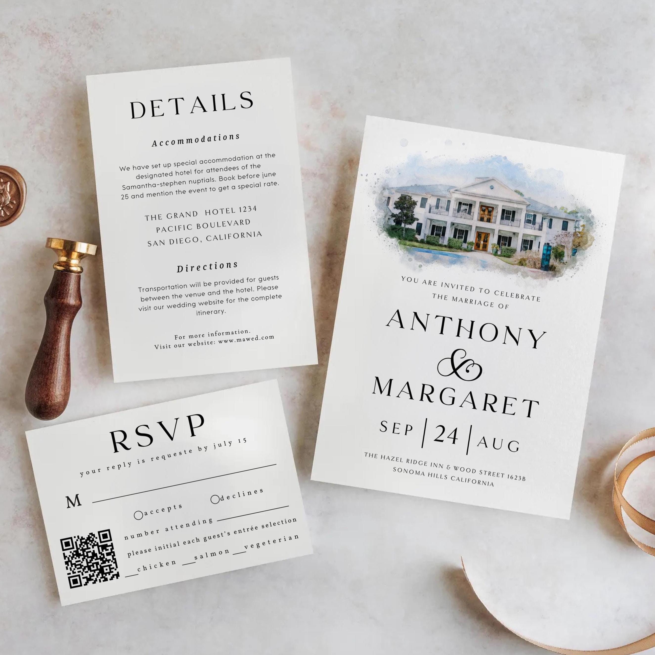 Watercolor Venue Wedding Invitation Template: Custom Illustration (DIY Canva Editable, Digital Download, RSVP Included)