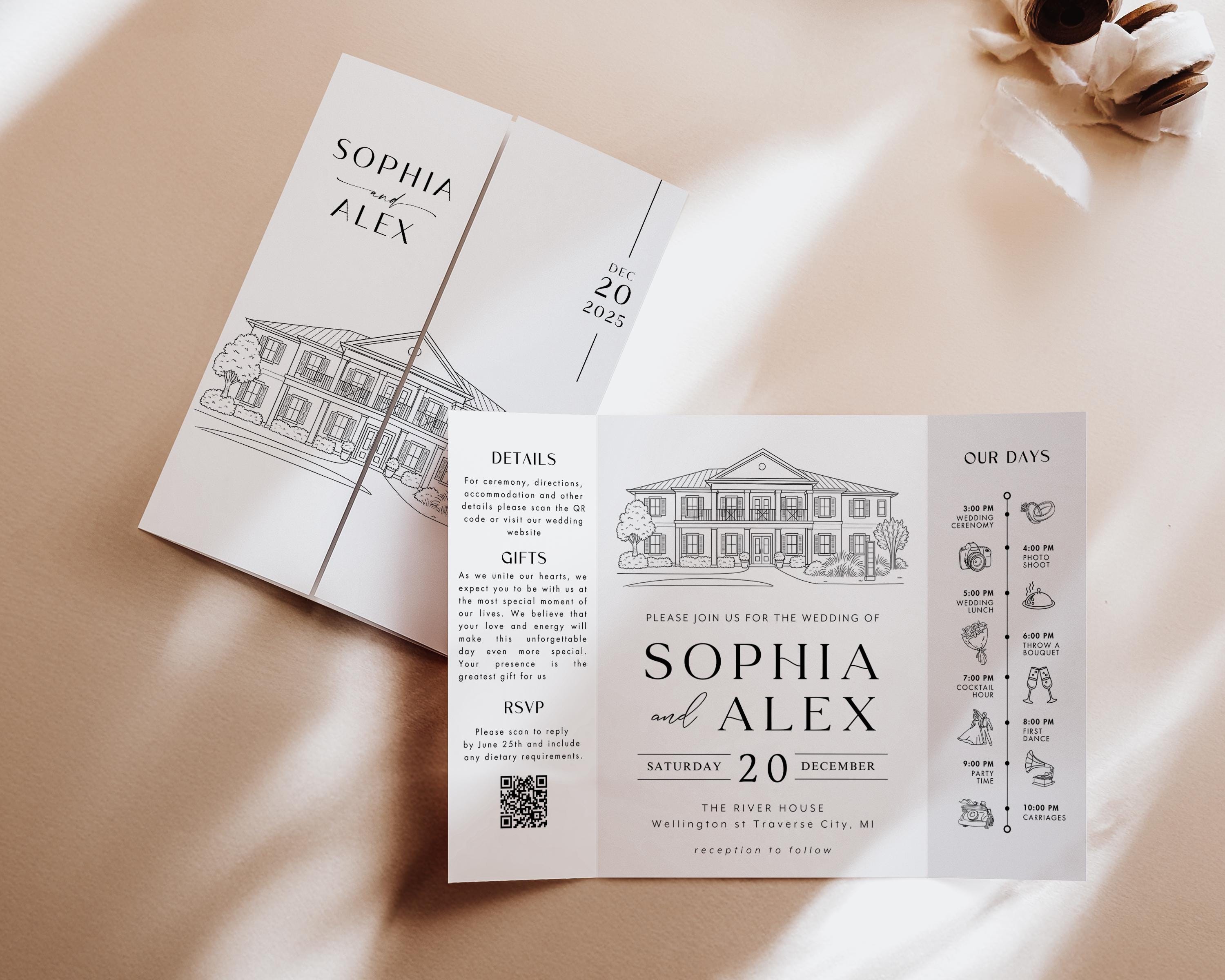 Custom Wedding Venue Illustration Invitation: Line Drawing Gatefold (DIY Canva Template)