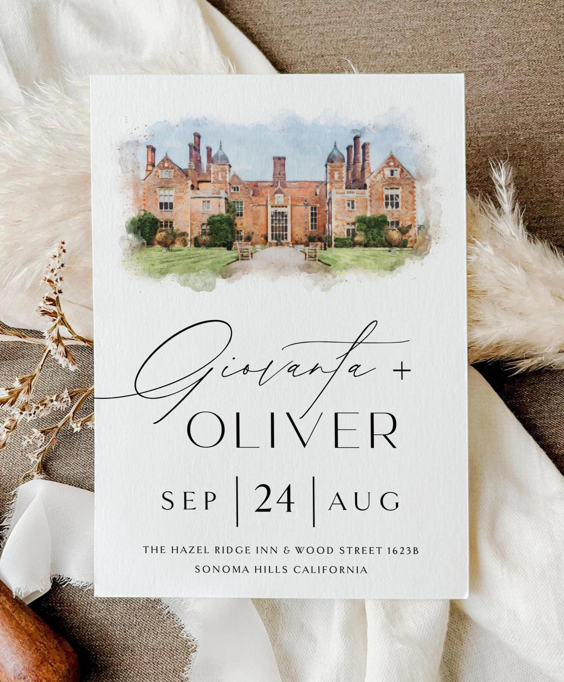 Watercolor Wedding Venue Invitation: Custom Illustration Template (PDF, PNG, JPEG Digital Download)