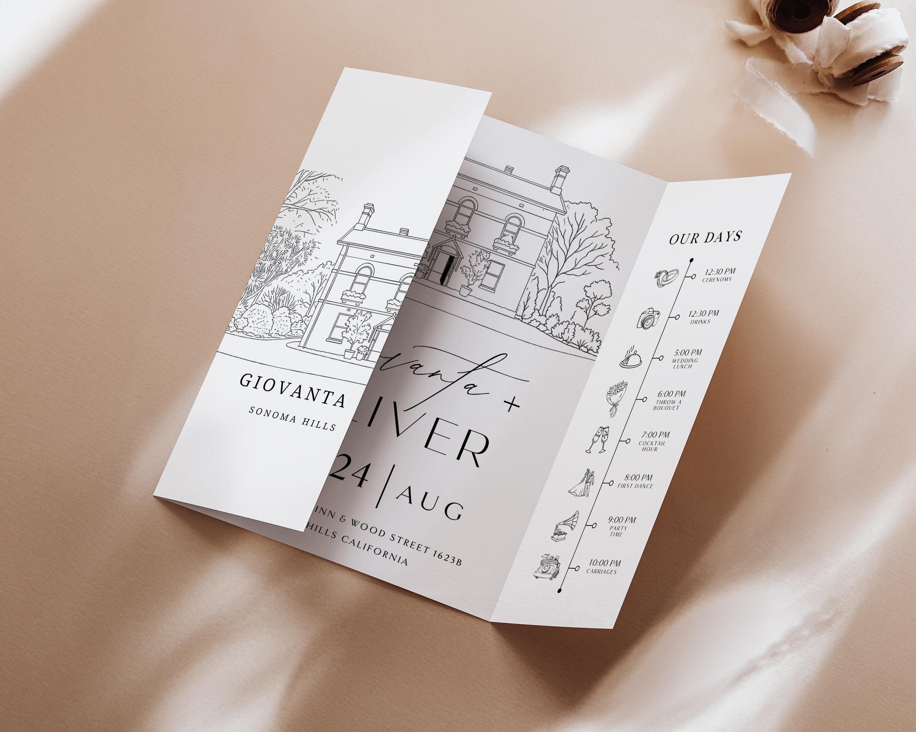 Custom Wedding Venue Invitation: Line Drawing Gatefold Template (Digital Download,)