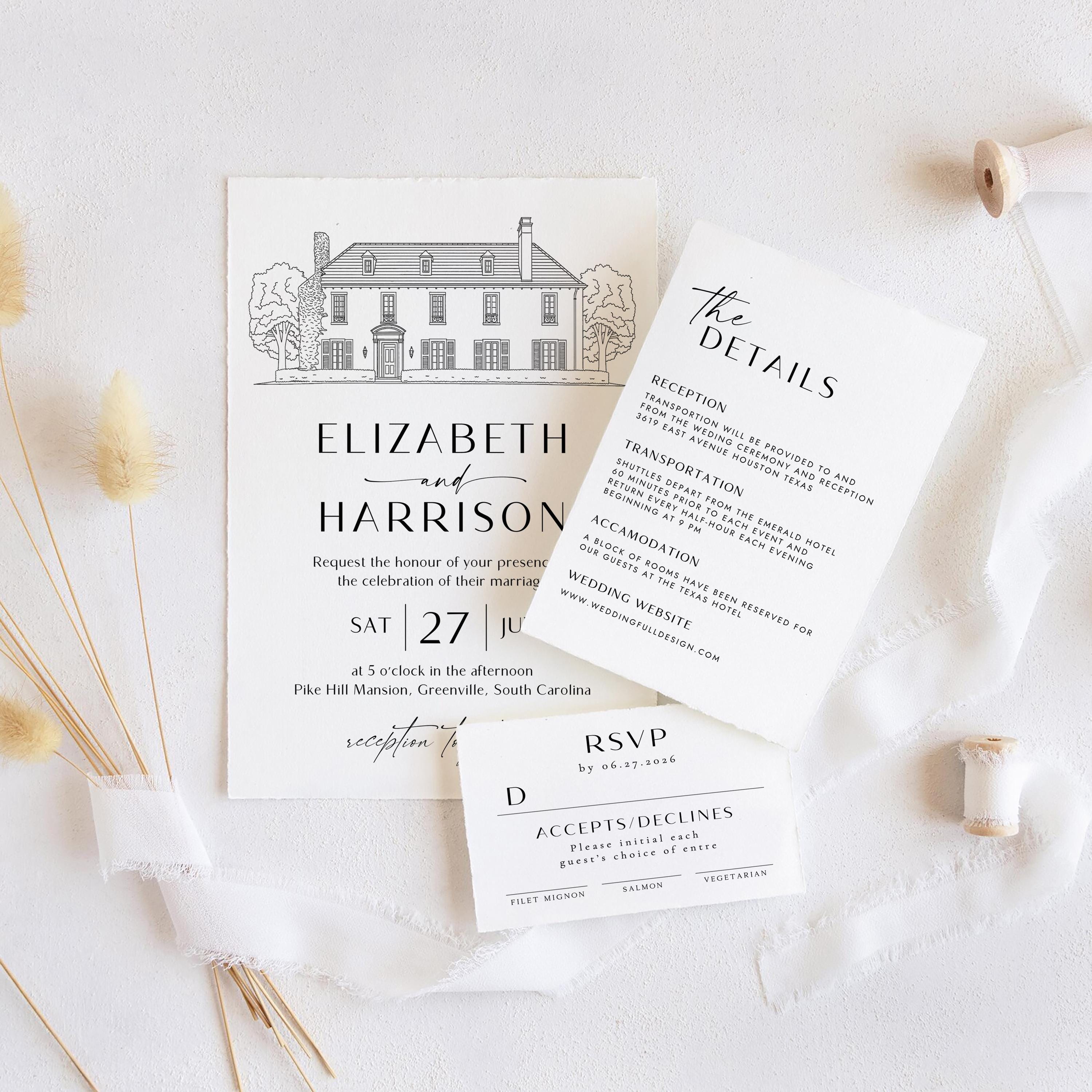 Custom Venue Line Art Wedding Invitation Template (DIY Canva Edit, Digital Download)