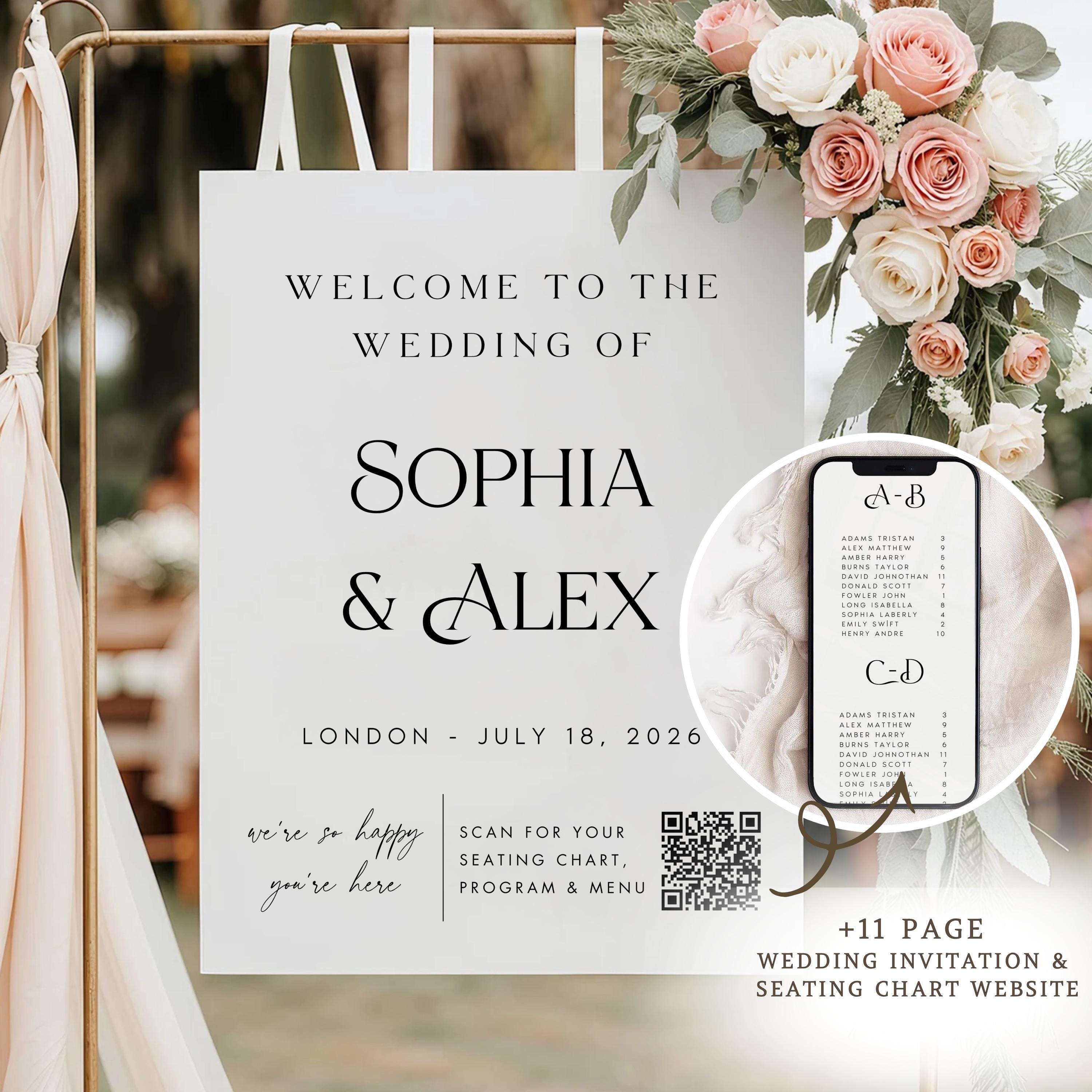 Wedding Seating Chart Website: Digital QR Code Sign - Editable Canva