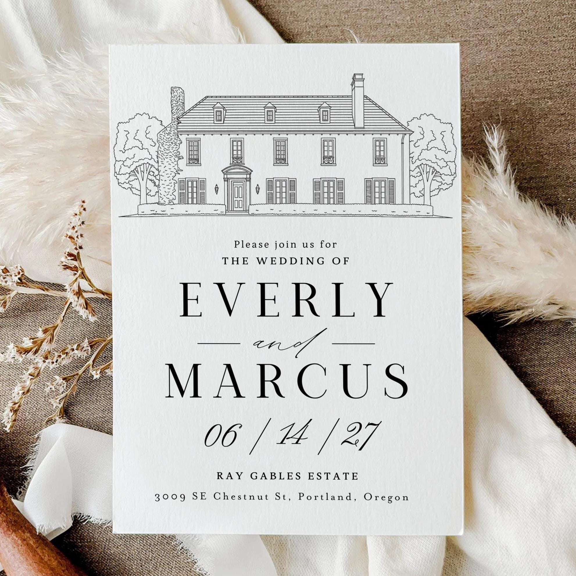 Wedding Venue Line Art Invitation: Custom Venue Sketch (Canva Template, Digital Download)