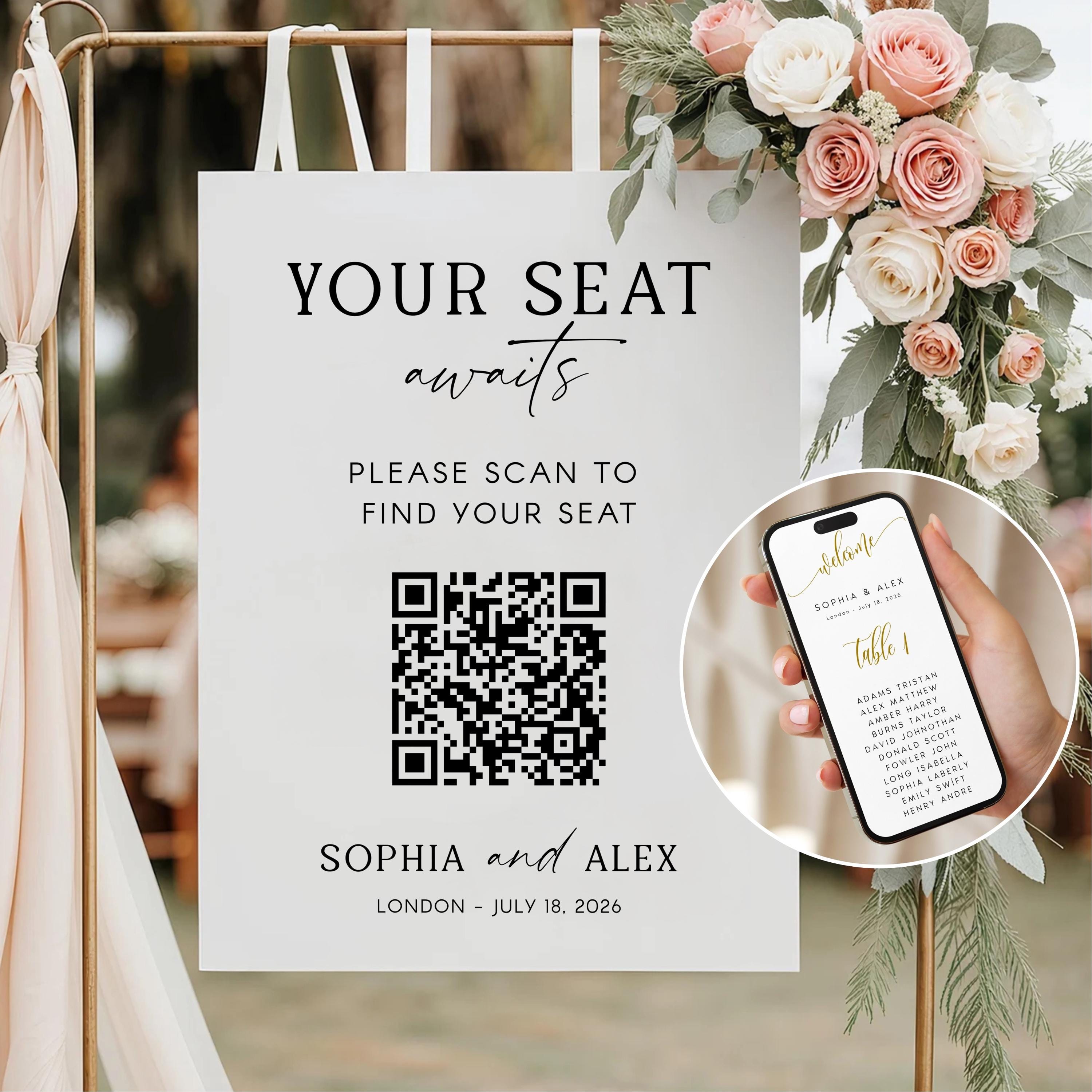 Digital Wedding Seating Chart Template: QR Code Welcome Sign
