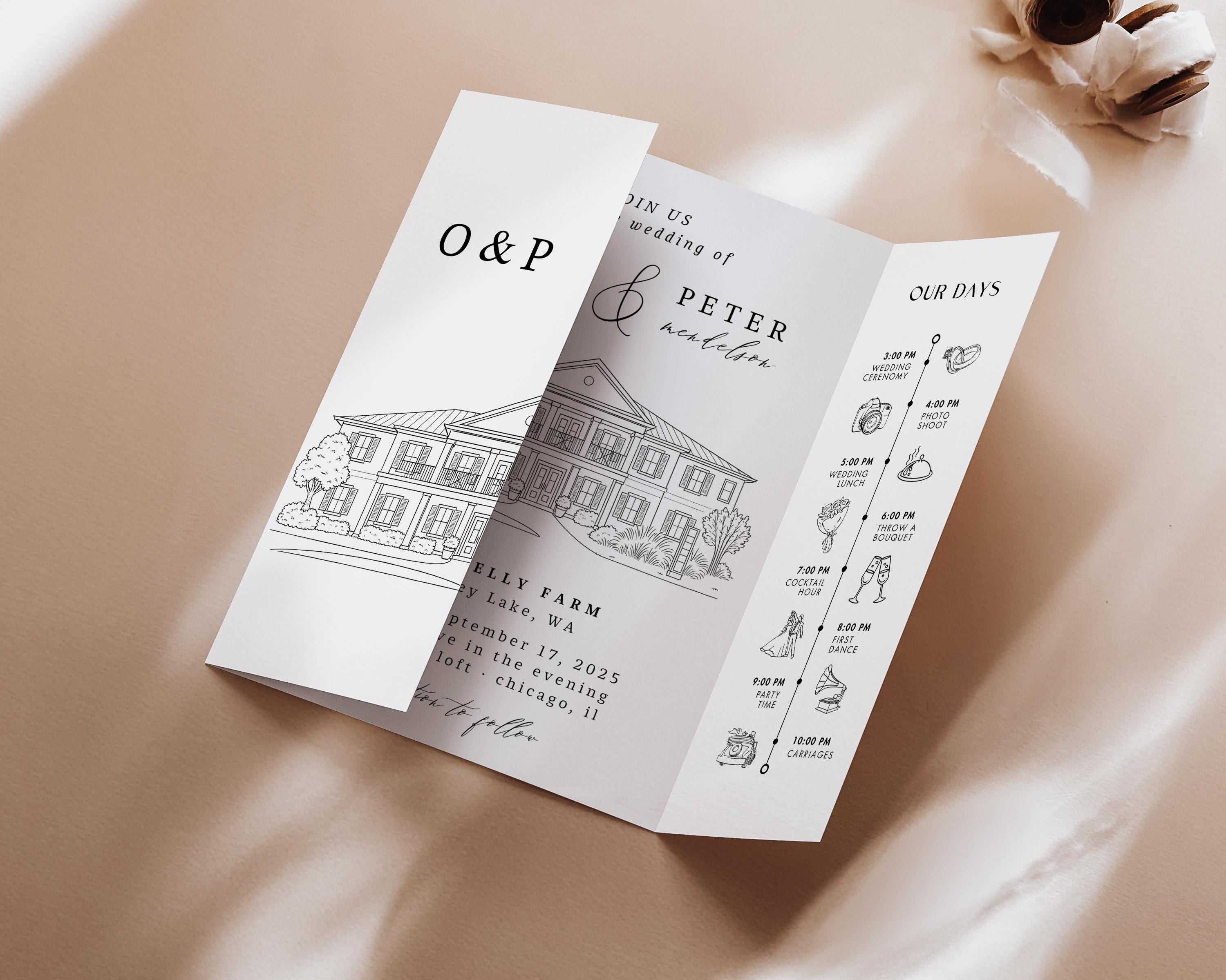 Custom Wedding Venue Illustration Invitation: Line Drawing Gatefold Template  Canva Edit)