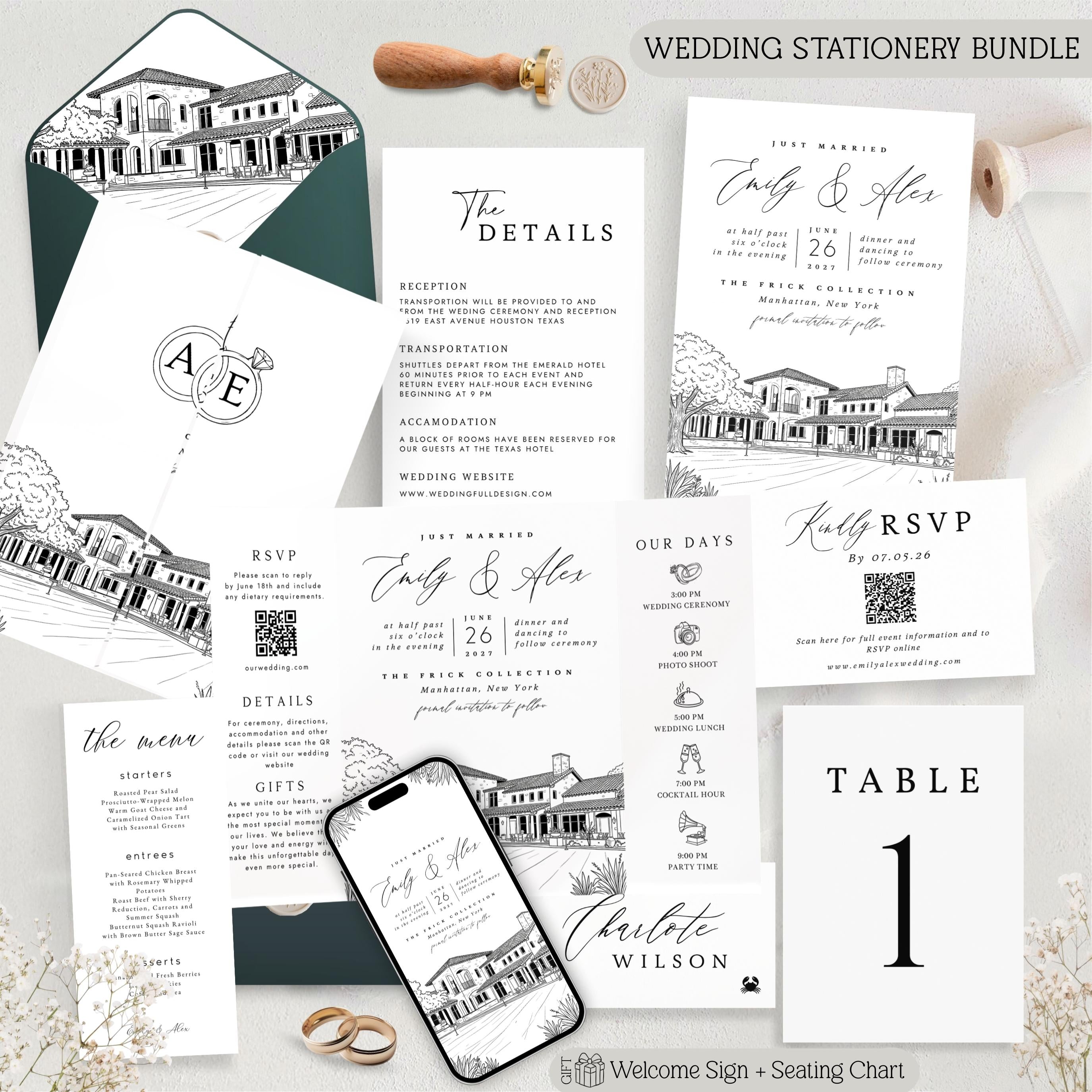Custom Venue Lineart Invitation Suite | Editable Modern Wedding Invite Canva Template, Wedding Stationery Bundle