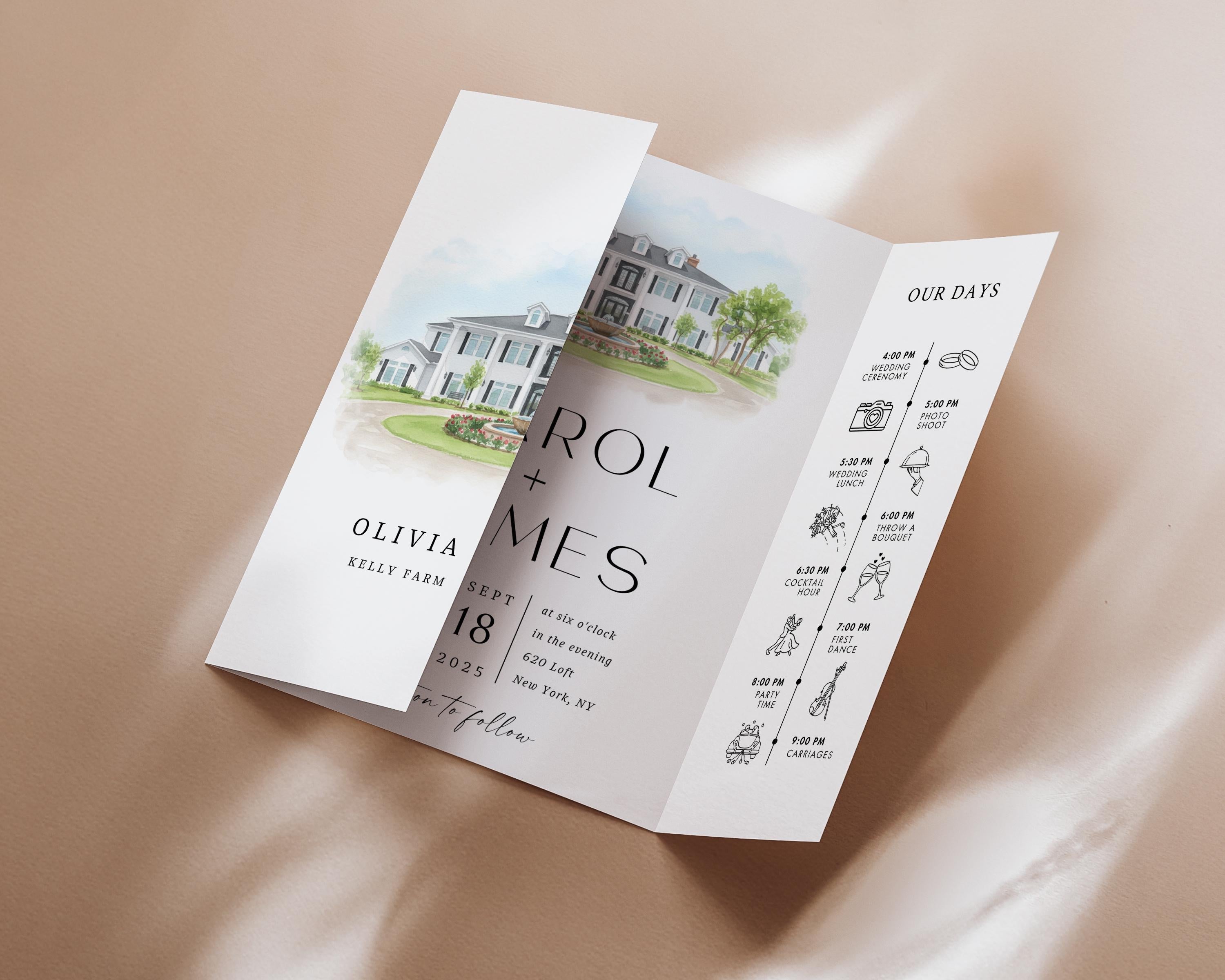Custom Watercolor Venue Wedding Invitation | Editable Canva Gatefold Invite | Modern Wedding Template