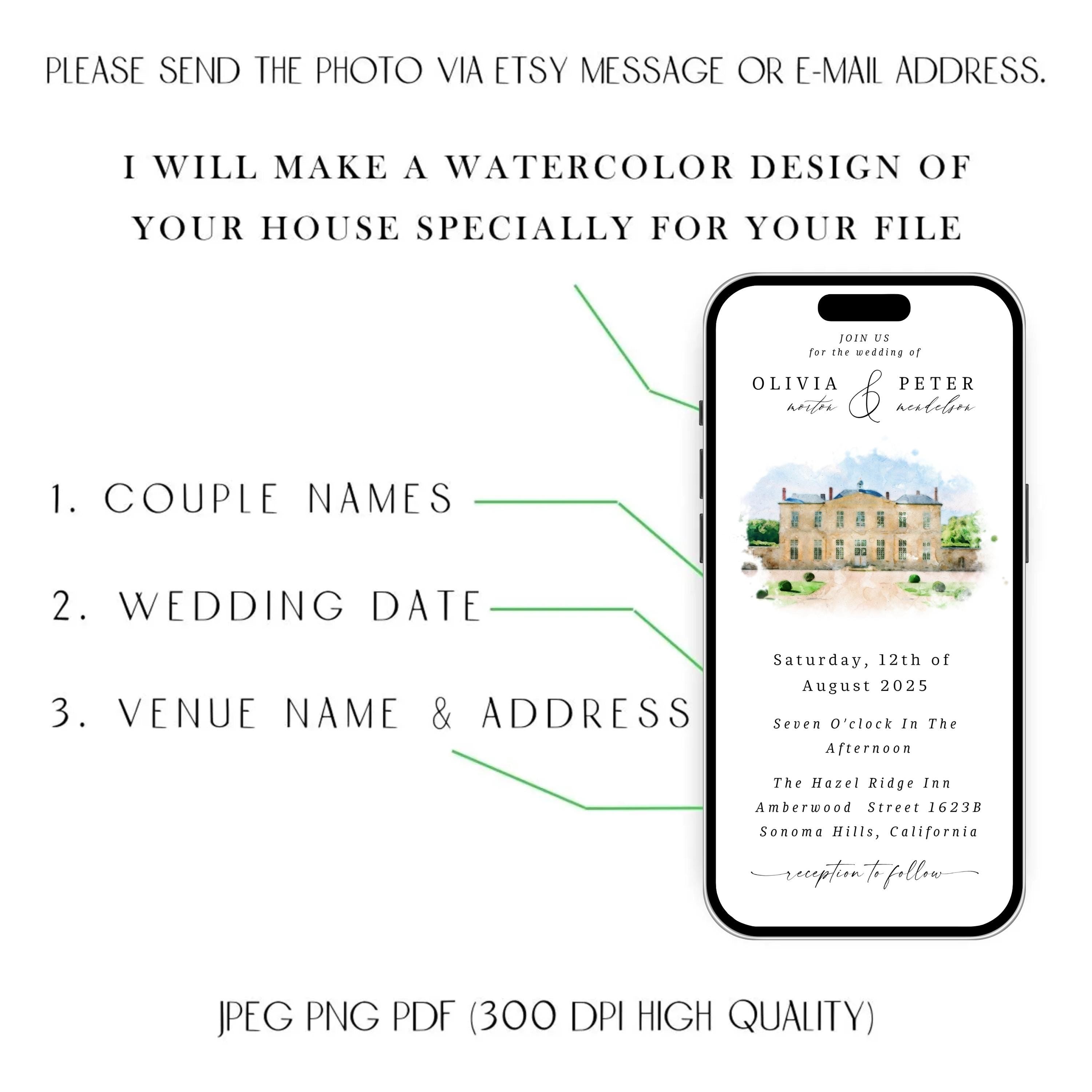 Digital Venue Sketch Save the Date: Watercolor Wedding E-vite (JPEG, PNG, PDF