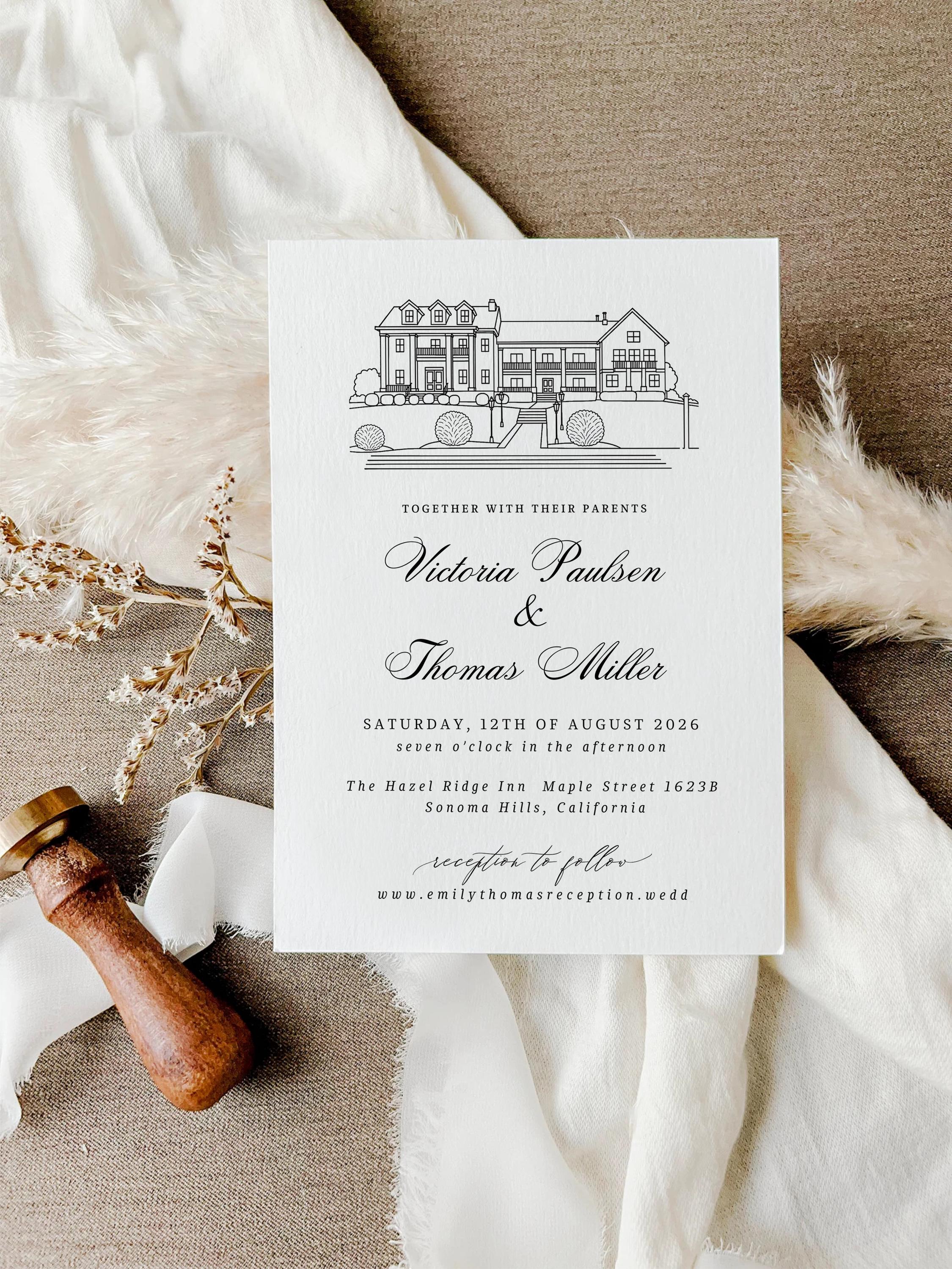 Custom wedding Venue Sketch Invitation set | Invite Venue Illustration Stationery | Editable DIY Canva Template